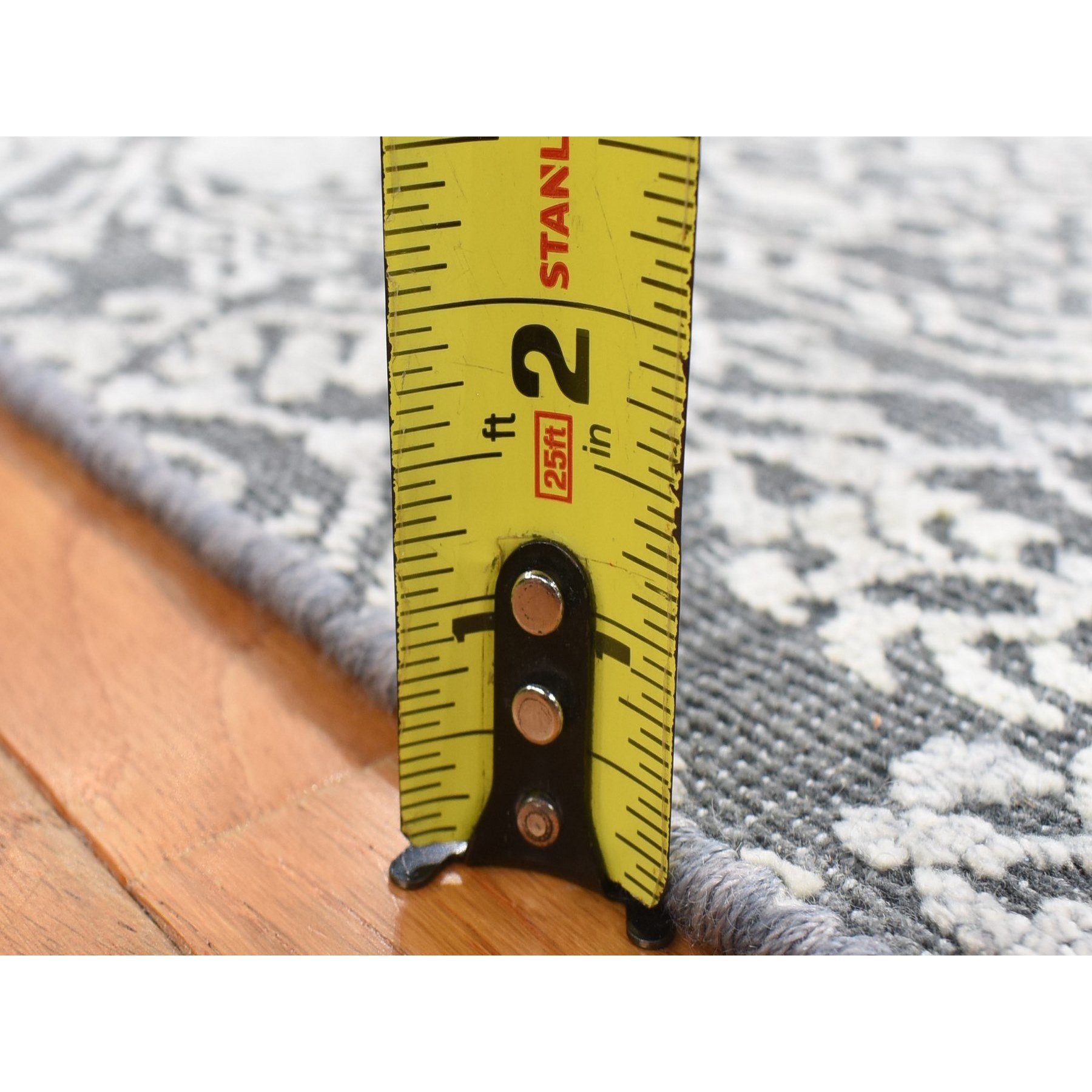 2'1"x2'1" Charcoal Gray, Silk with Textured Wool, Tone on Tone Design, Hand Knotted, Sample Fragment, Oriental Rug Sh80400