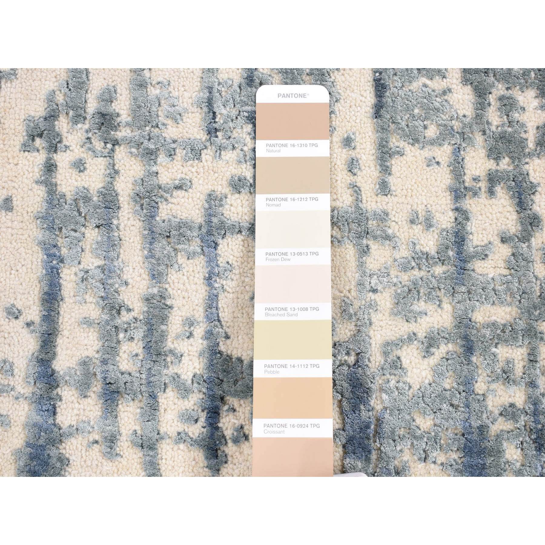 2'1"x3'1" Ivory and Shades of Blue, Cardiac Design, Silk with Textured Wool, Modern, Hand Knotted, Mat, Oriental Rug Sh80416