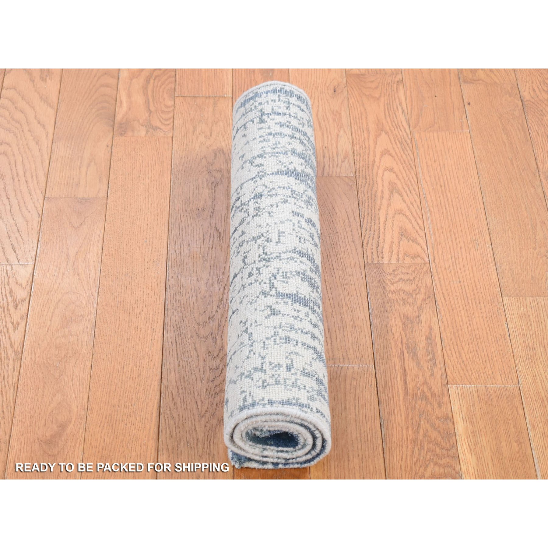 2'1"x3'1" Ivory and Shades of Blue, Cardiac Design, Silk with Textured Wool, Modern, Hand Knotted, Mat, Oriental Rug Sh80416