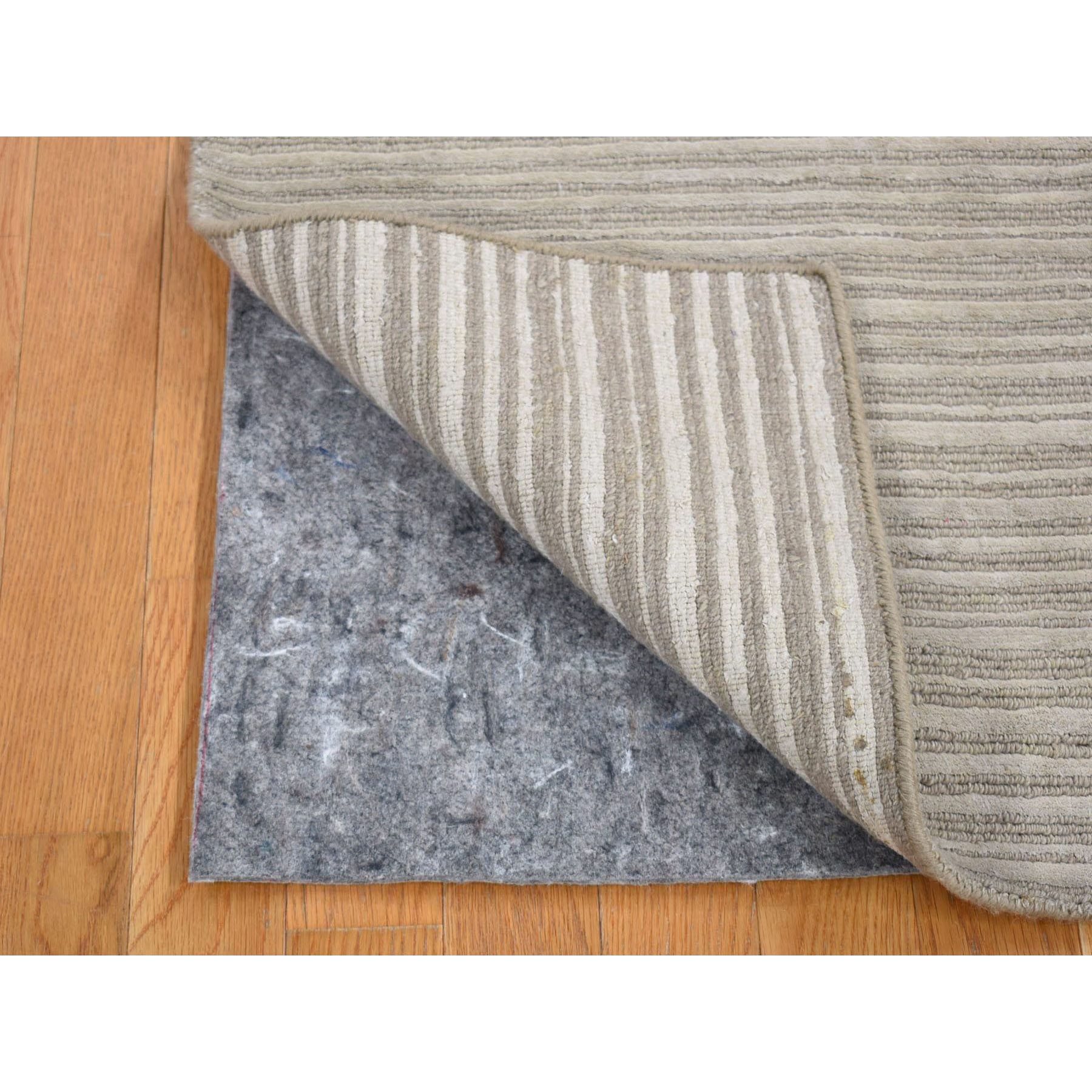 2'x3' Beige, Modern, Stripe Design, Hand Loomed, Wool and Silk, Cut and Loop, Mat, Oriental Rug Sh80417