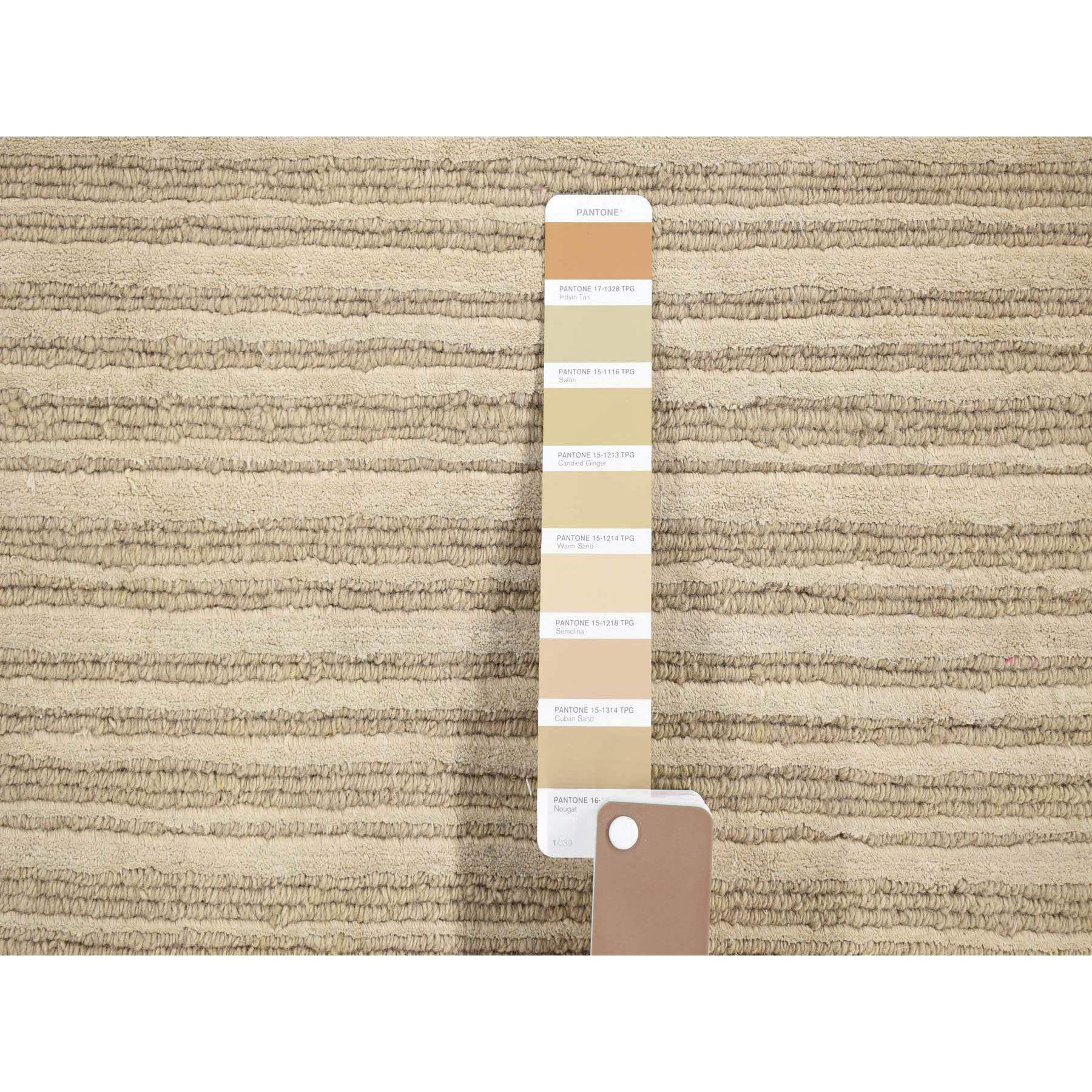 2'x3' Beige, Modern, Stripe Design, Hand Loomed, Wool and Silk, Cut and Loop, Mat, Oriental Rug Sh80417