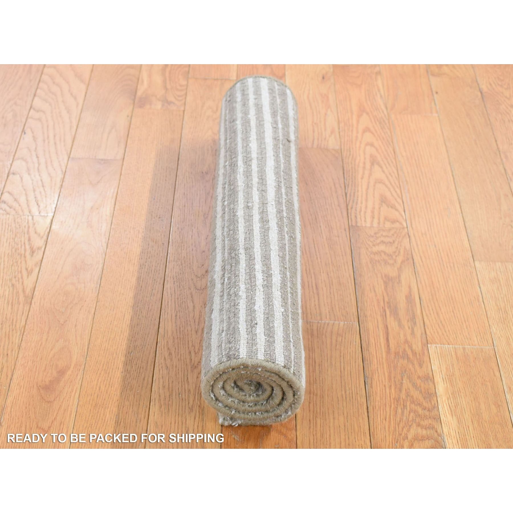 2'x3' Beige, Modern, Stripe Design, Hand Loomed, Wool and Silk, Cut and Loop, Mat, Oriental Rug Sh80417
