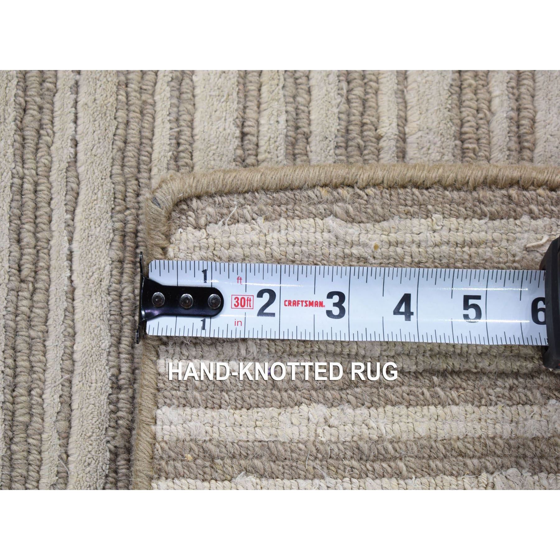 2'x3' Beige, Modern, Stripe Design, Hand Loomed, Wool and Silk, Cut and Loop, Mat, Oriental Rug Sh80417