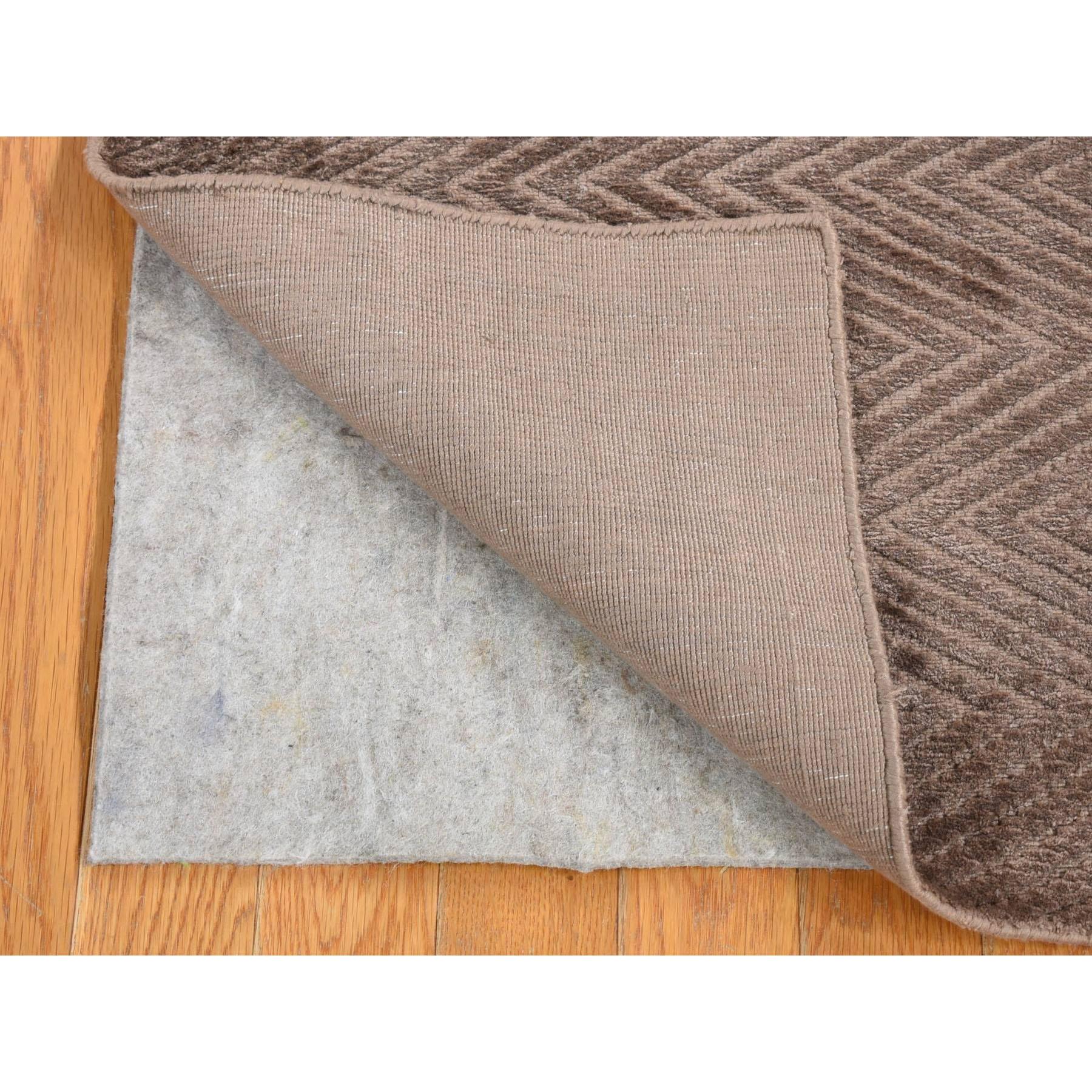 2'1"x3' Mocha Brown, Wool and Plant Based Silk, Modern Chevron Design, Hand Loomed, Mat Oriental Rug Sh80427