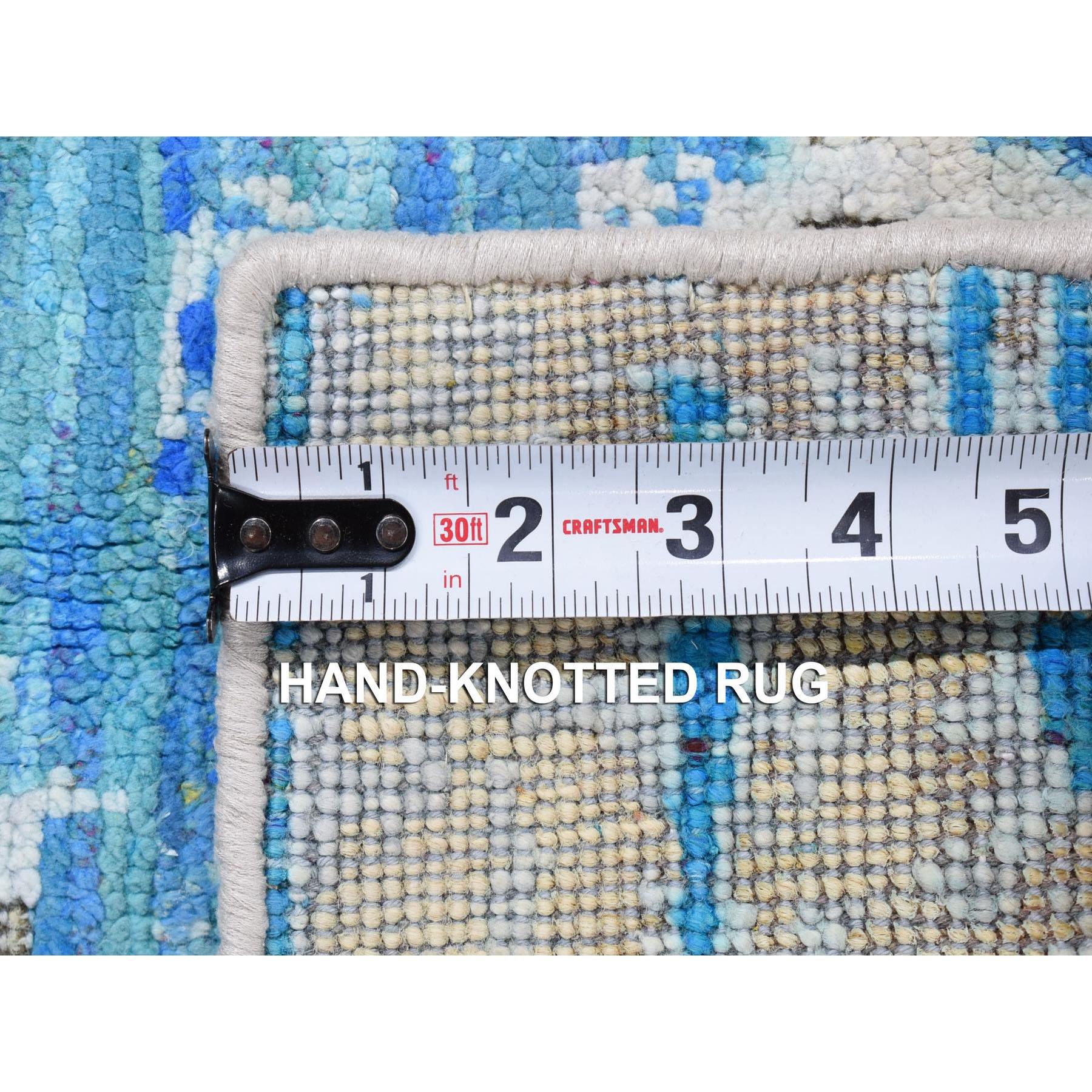 2'x2' Beige and Blue, Modern Cardiac Design, Pure Silk with Textured Wool, Hand Knotted, Mat Square Oriental Rug Sh80436