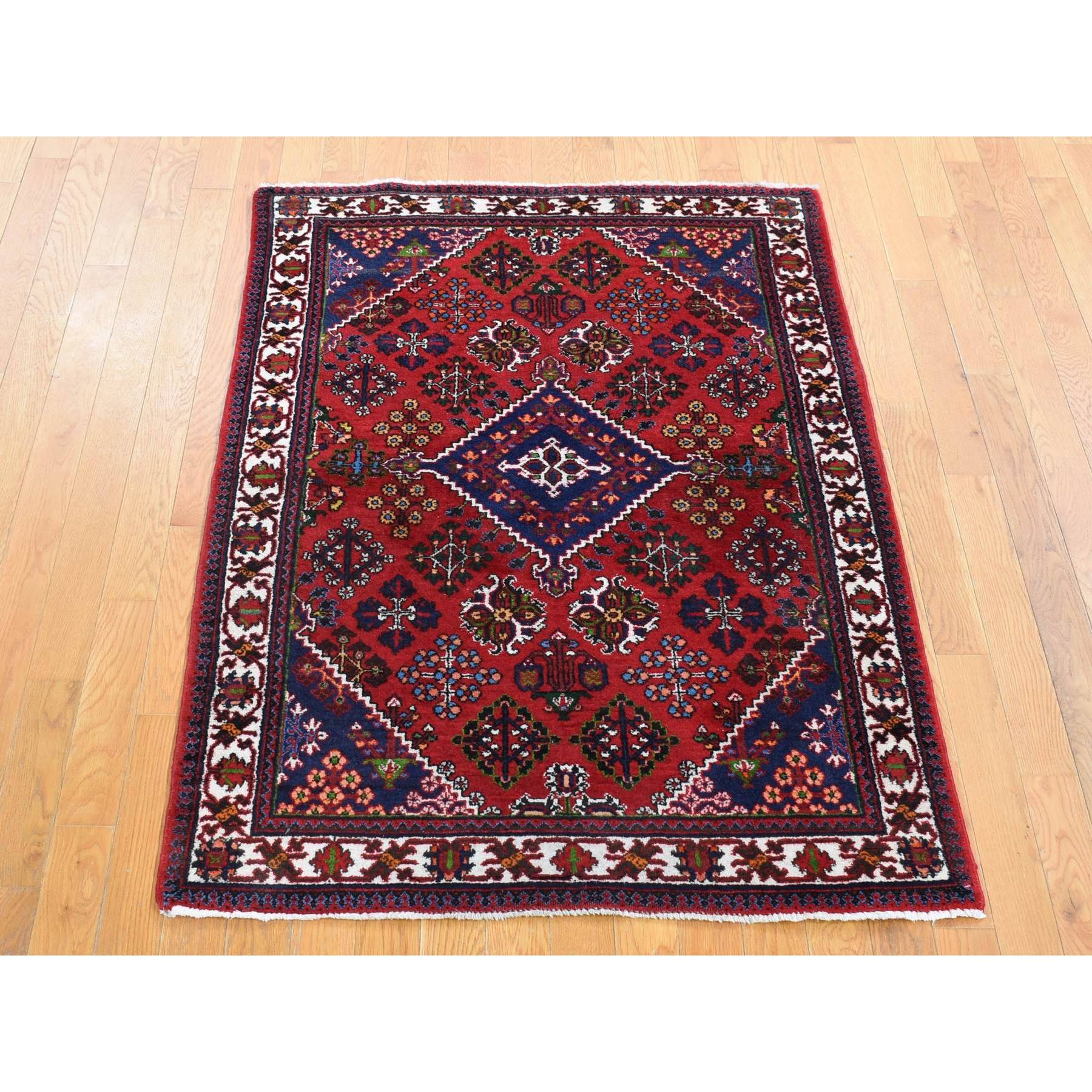 3'7"x5'3" Tomato Red, Semi Antique Persian Joshogan with Geometric Design, Full Pile, Excellent Condition, Hand Knotted, Pure Wool Oriental Rug Sh80483