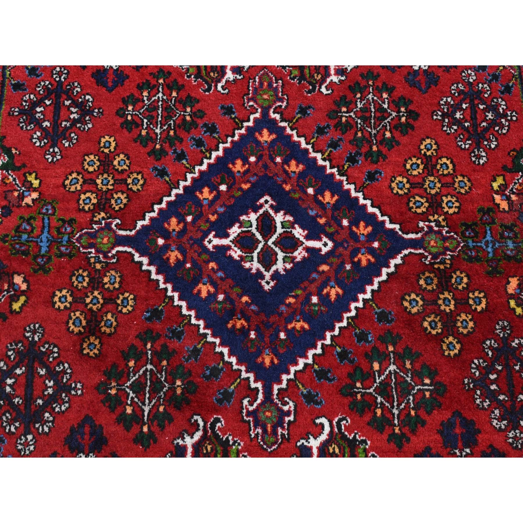 3'7"x5'3" Tomato Red, Semi Antique Persian Joshogan with Geometric Design, Full Pile, Excellent Condition, Hand Knotted, Pure Wool Oriental Rug Sh80483
