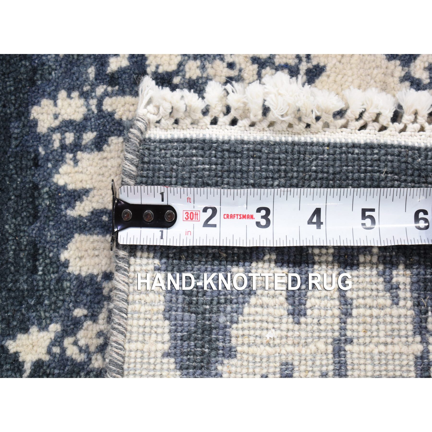 2'x2'4" Ivory and Charcoal Black, 100% Wool, Cardiac Design, Modern, Hand Knotted, Squarish, Mat Oriental Rug Sh80490