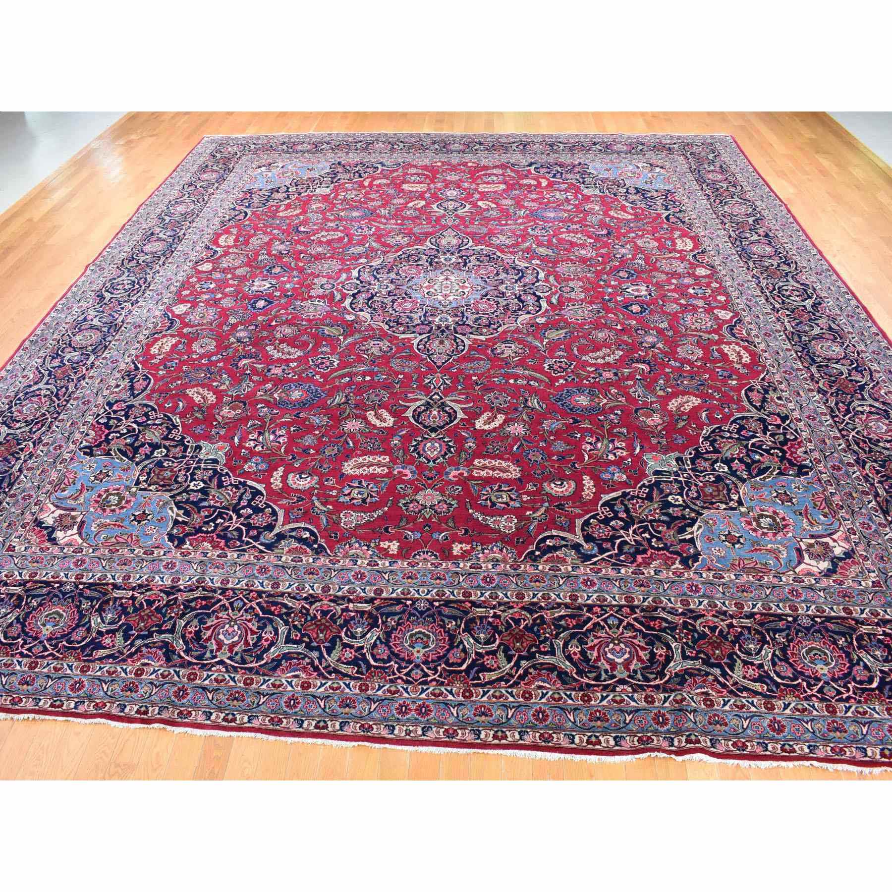 14'2"x17'2" Cherry Red, Vintage Persian Kashan, Mint Condition, Full Pile, Clean and Soft, Rare XL Squarish Size, Hand Knotted, Pure Wool Oriental Rug Sh80502