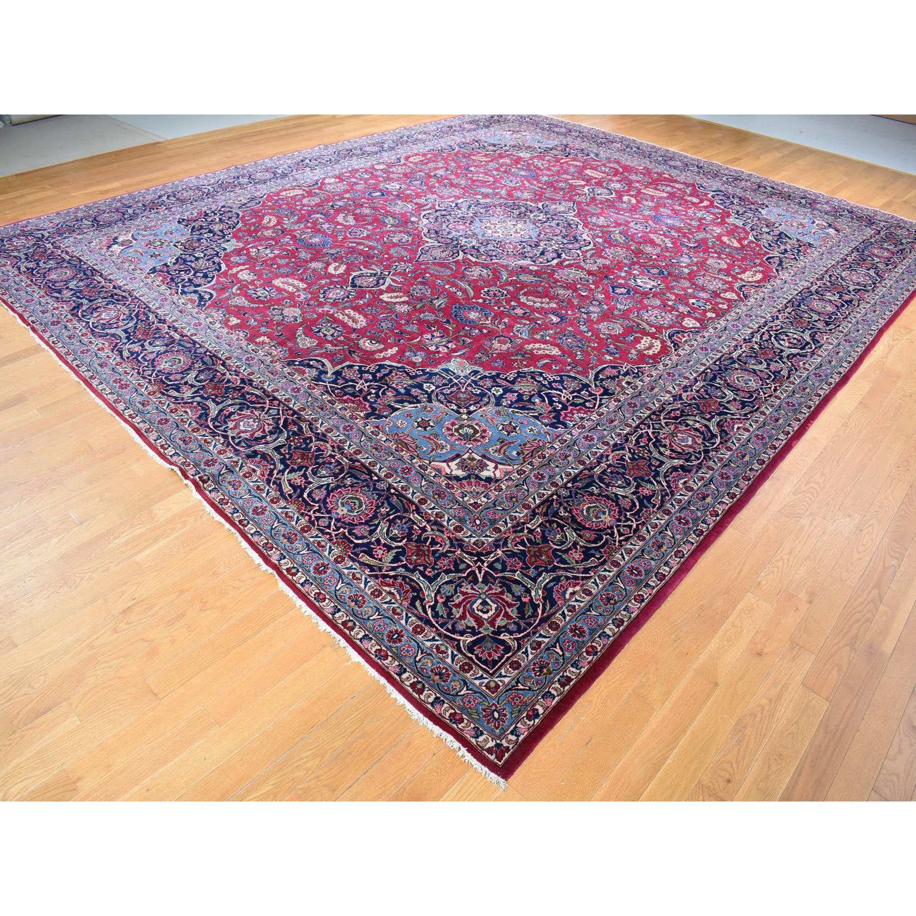 14'2"x17'2" Cherry Red, Vintage Persian Kashan, Mint Condition, Full Pile, Clean and Soft, Rare XL Squarish Size, Hand Knotted, Pure Wool Oriental Rug Sh80502