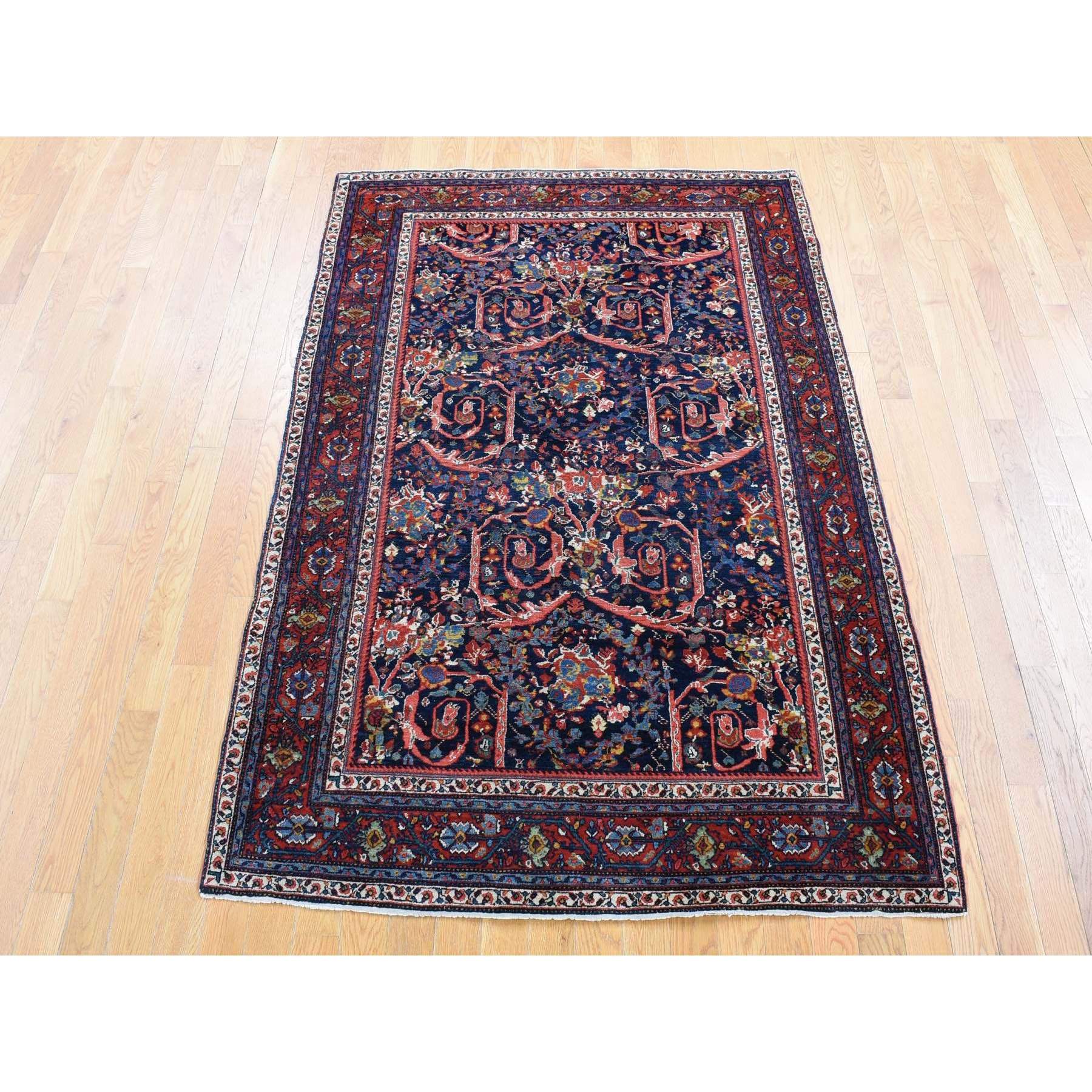 4'7"x6'9" Navy Blue, Antique Persian Tabriz Full Pile ,Clean and Soft to the Touch, Rare Mustaffi Design, Pure Wool, Hand Knotted Oriental Rug Sh80505