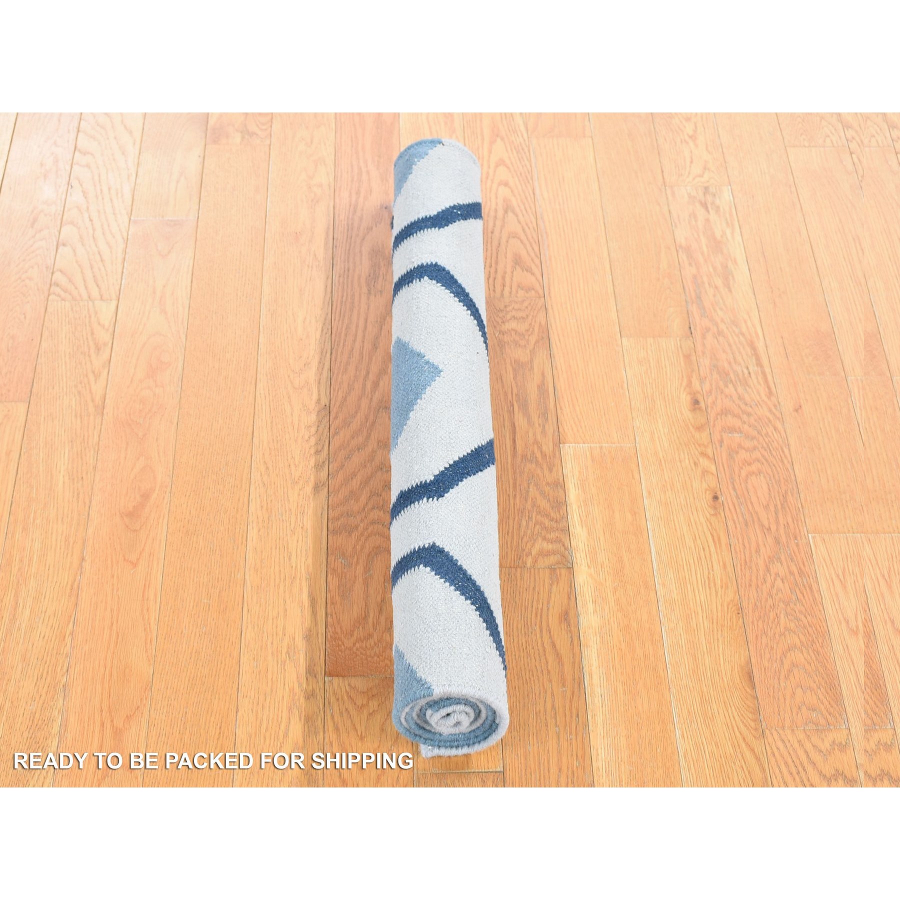 2'7"x6' Beau Blue, Kilim Geometric Design Flat Weave, Pure Wool Hand Woven, Reversible Runner Oriental Rug Sh80536