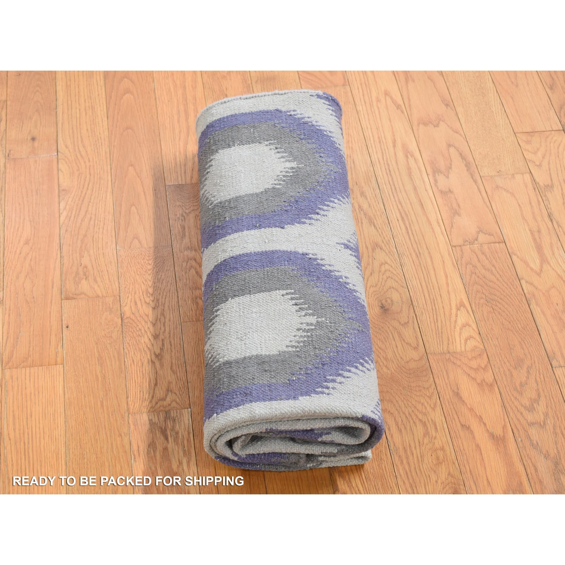 4'2"x6' Silver Gray, Hand Woven Kilim Geometric Design, Flat Weave Pure Wool, Reversible Oriental Rug Sh80541