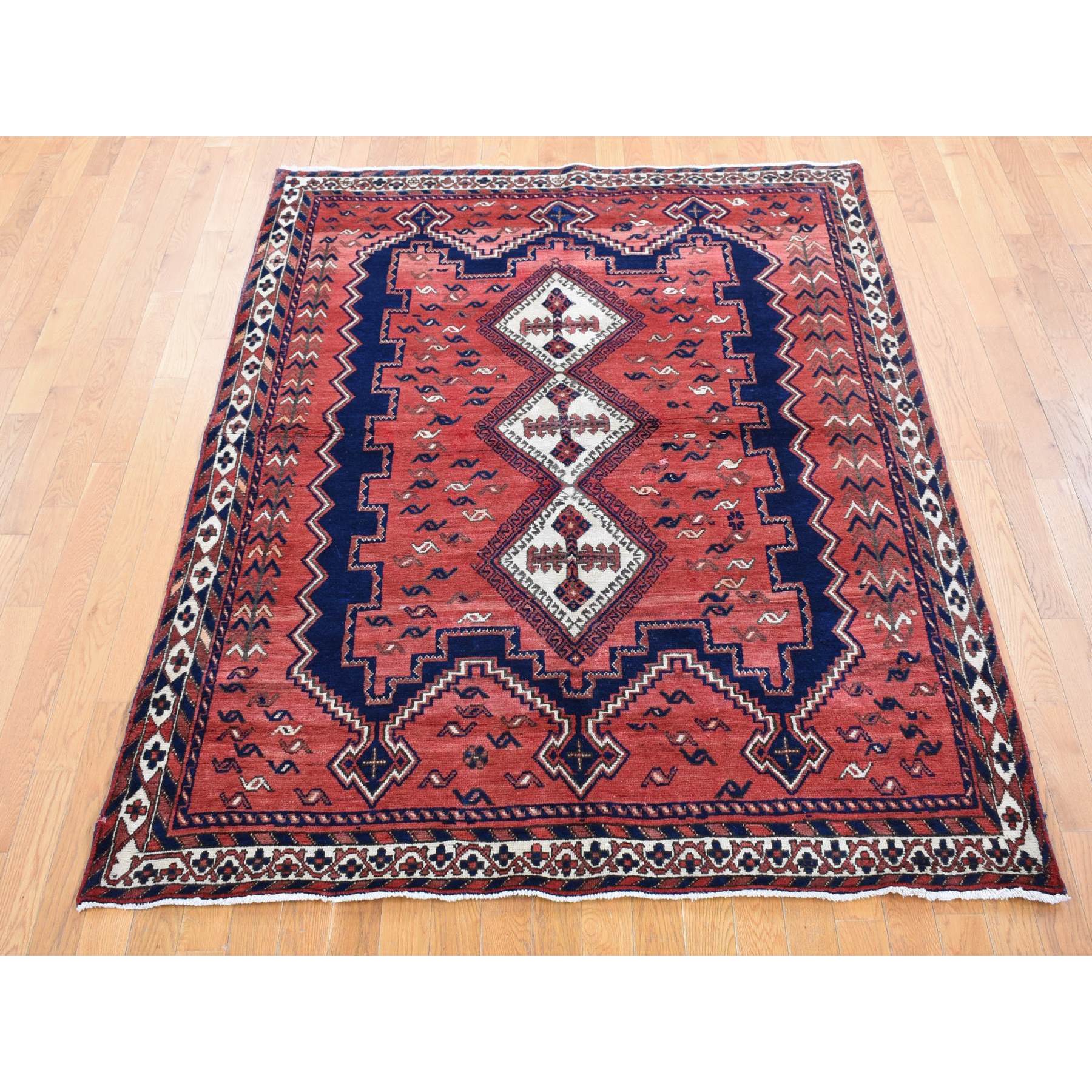 5'5"x7' Blush Red, Vintage Persian Bakhtiari with a Distinct Abrash, Full Pile, Pure Wool, Hand Knotted Oriental Rug Sh80570