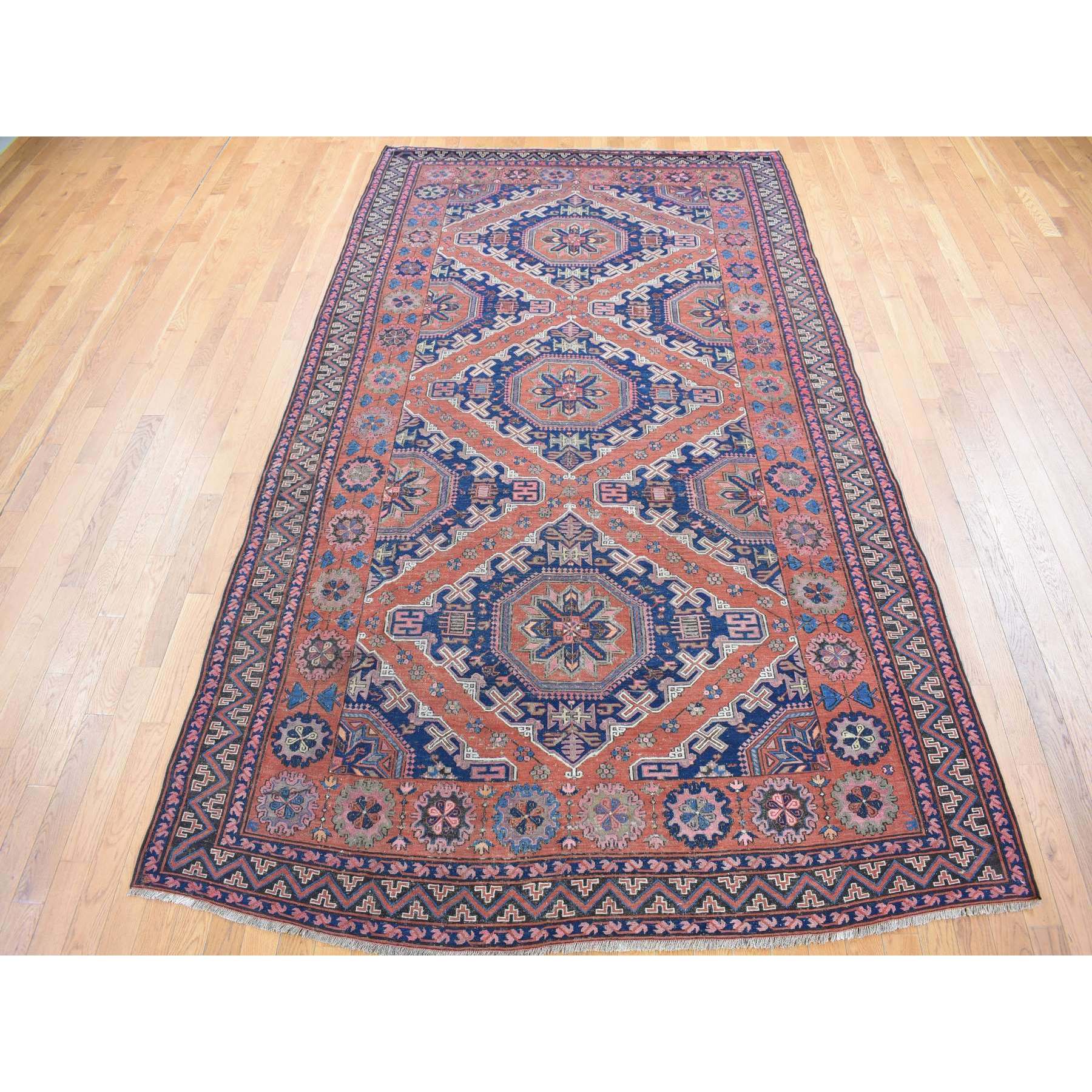 7'x11' Cinnamon Red, Antique Caucasian Soumak with Geometric Design, Pure Wool, Flat Weave, Hand Knotted, Clean, Good Condition, Sides and Ends Professionally Secured, Long and Narrow Oriental Rug Sh80599