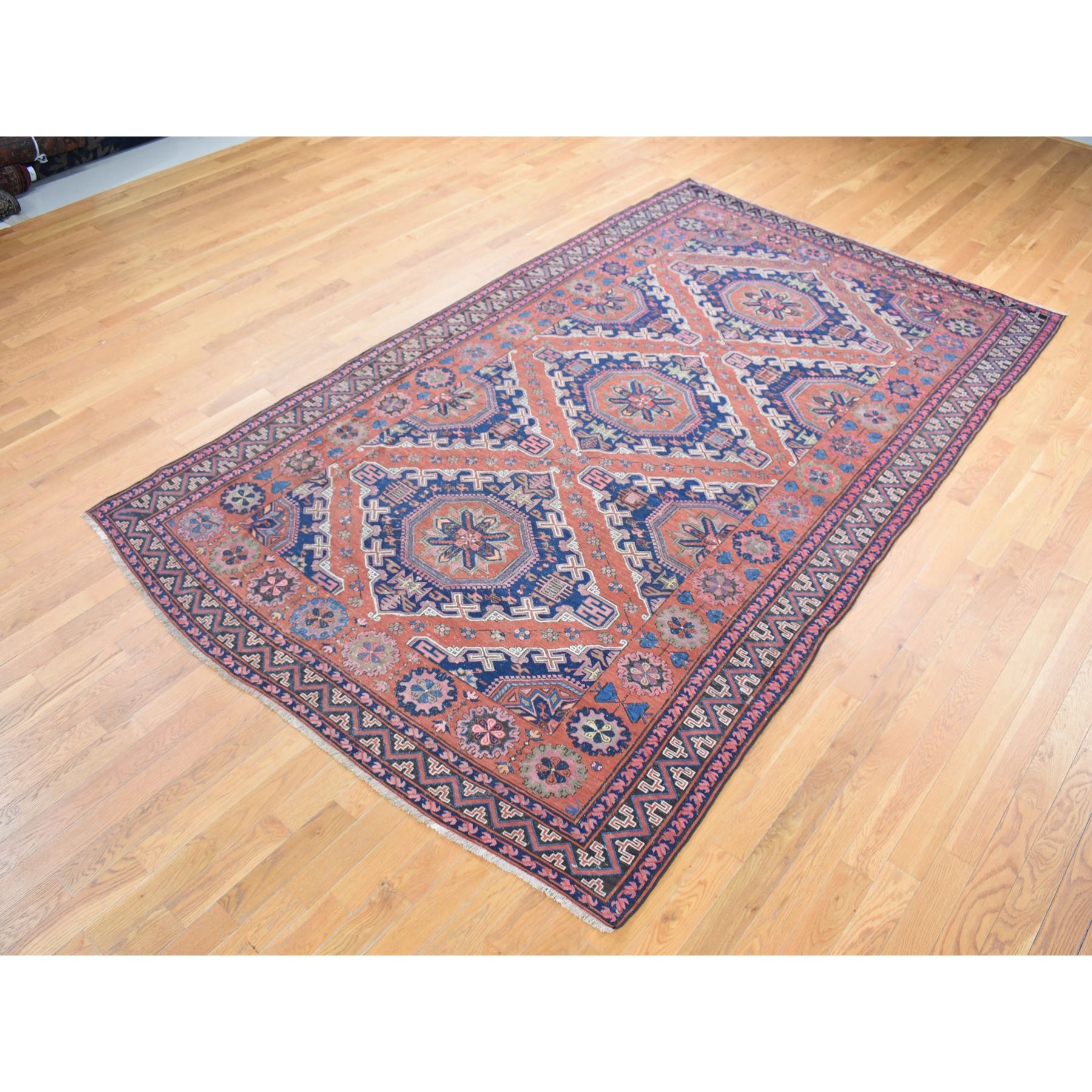 7'x11' Cinnamon Red, Antique Caucasian Soumak with Geometric Design, Pure Wool, Flat Weave, Hand Knotted, Clean, Good Condition, Sides and Ends Professionally Secured, Long and Narrow Oriental Rug Sh80599