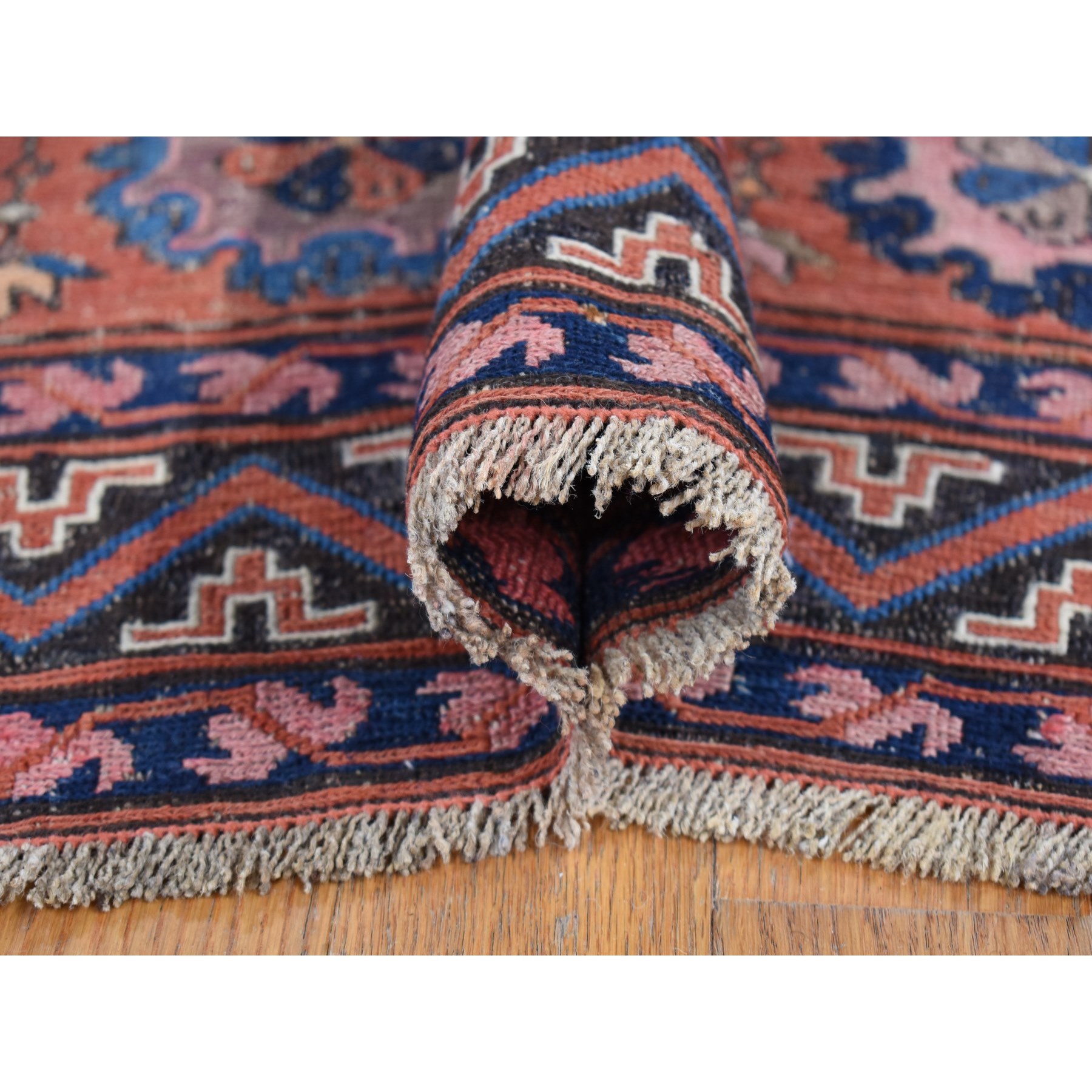 7'x11' Cinnamon Red, Antique Caucasian Soumak with Geometric Design, Pure Wool, Flat Weave, Hand Knotted, Clean, Good Condition, Sides and Ends Professionally Secured, Long and Narrow Oriental Rug Sh80599