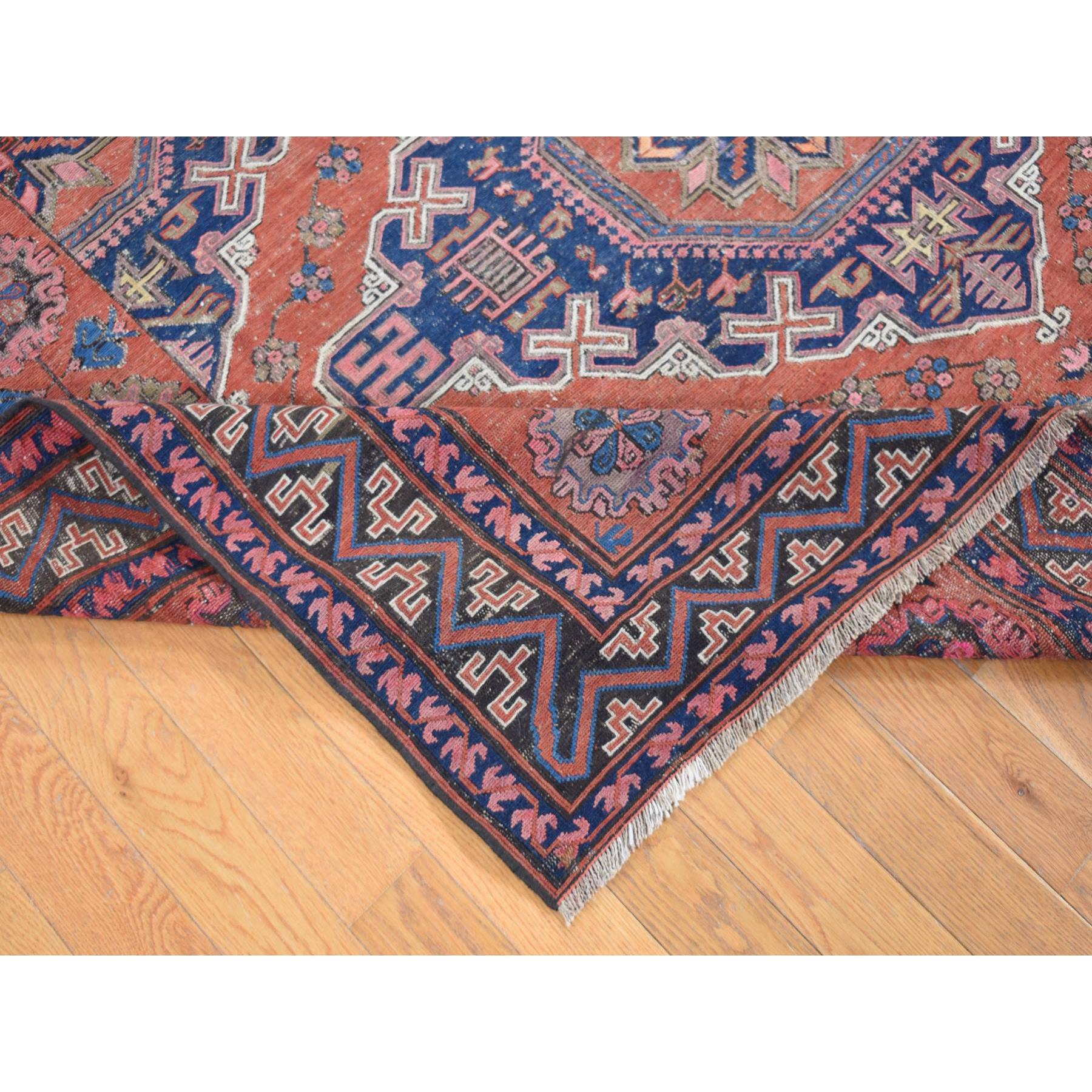 7'x11' Cinnamon Red, Antique Caucasian Soumak with Geometric Design, Pure Wool, Flat Weave, Hand Knotted, Clean, Good Condition, Sides and Ends Professionally Secured, Long and Narrow Oriental Rug Sh80599