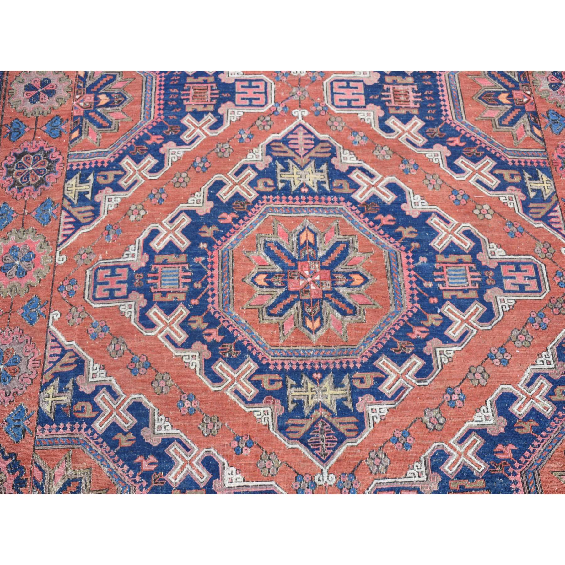 7'x11' Cinnamon Red, Antique Caucasian Soumak with Geometric Design, Pure Wool, Flat Weave, Hand Knotted, Clean, Good Condition, Sides and Ends Professionally Secured, Long and Narrow Oriental Rug Sh80599