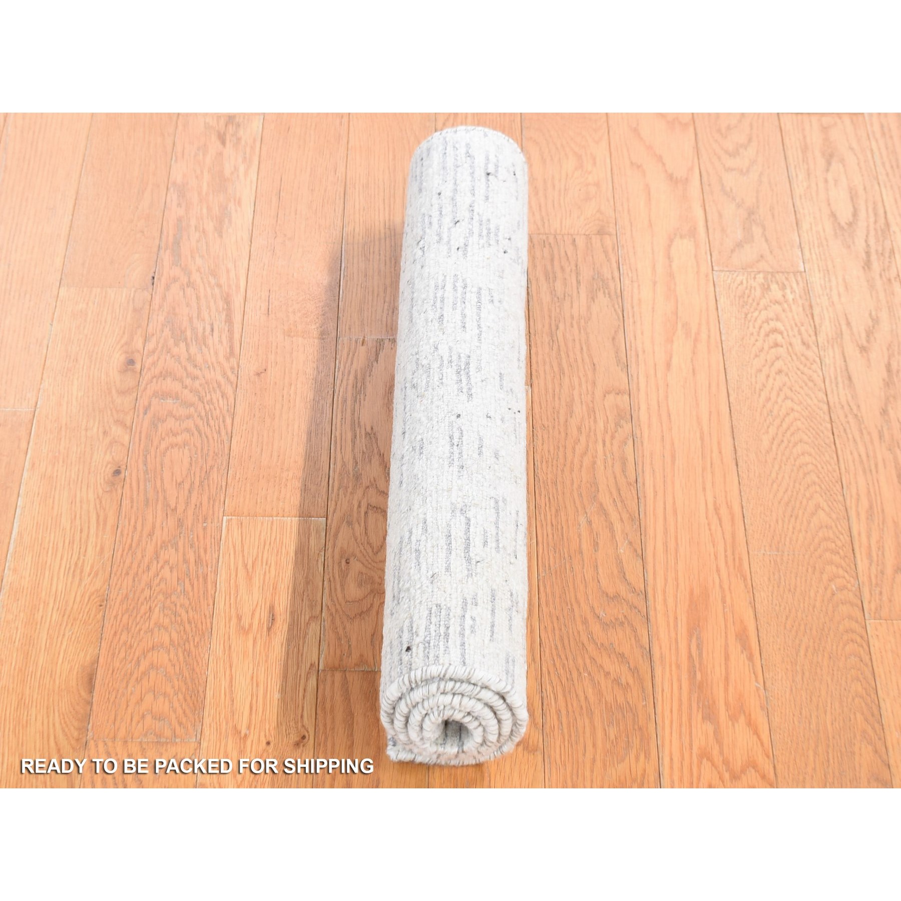 2'2"x3' Ivory, Modern with Repetitive Curvilinear Design Undyed Natural Wool, Hand Knotted Tone on Tone, Mat Oriental Rug Sh80603