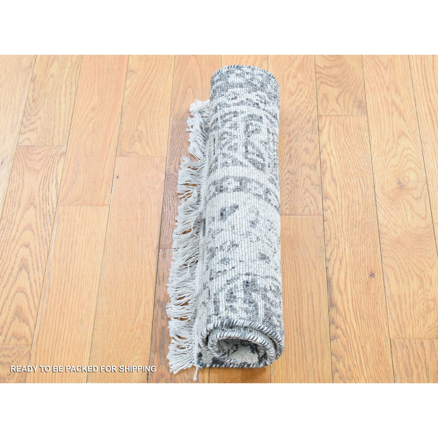 2'1"x2'1" Goose Gray, Undyed Natural Wool with Mamluk Design, 100%Wool Hand Knotted, Square Oriental Rug Sh80607