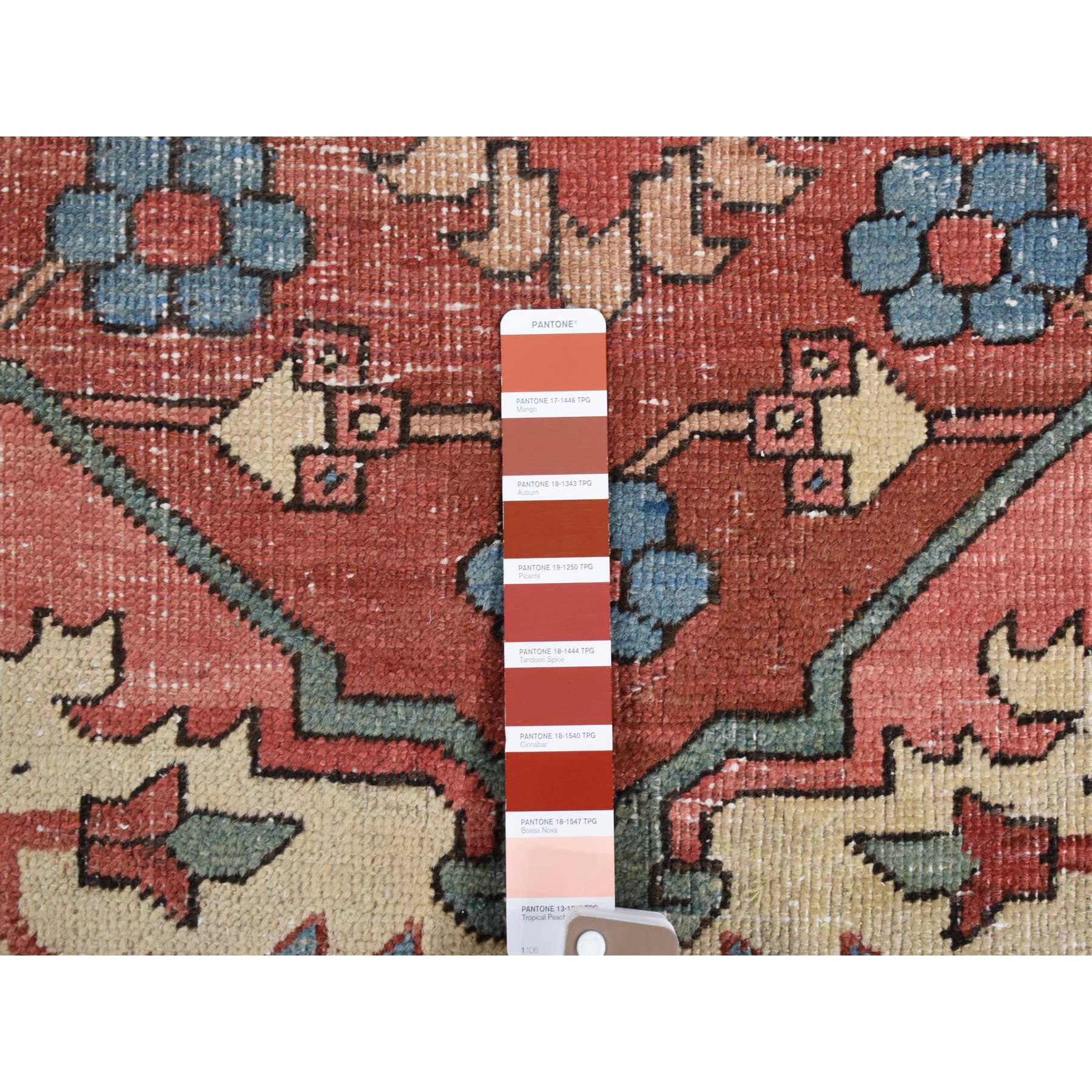 12'3"x18'6" Blush Red, Antique Persian Serapi Heriz with Helicopter Design, Even Wear, Clean, Sides and Ends Professionally Secured, Hand Knotted, Pure Wool, Oversized Oriental Rug Sh80698