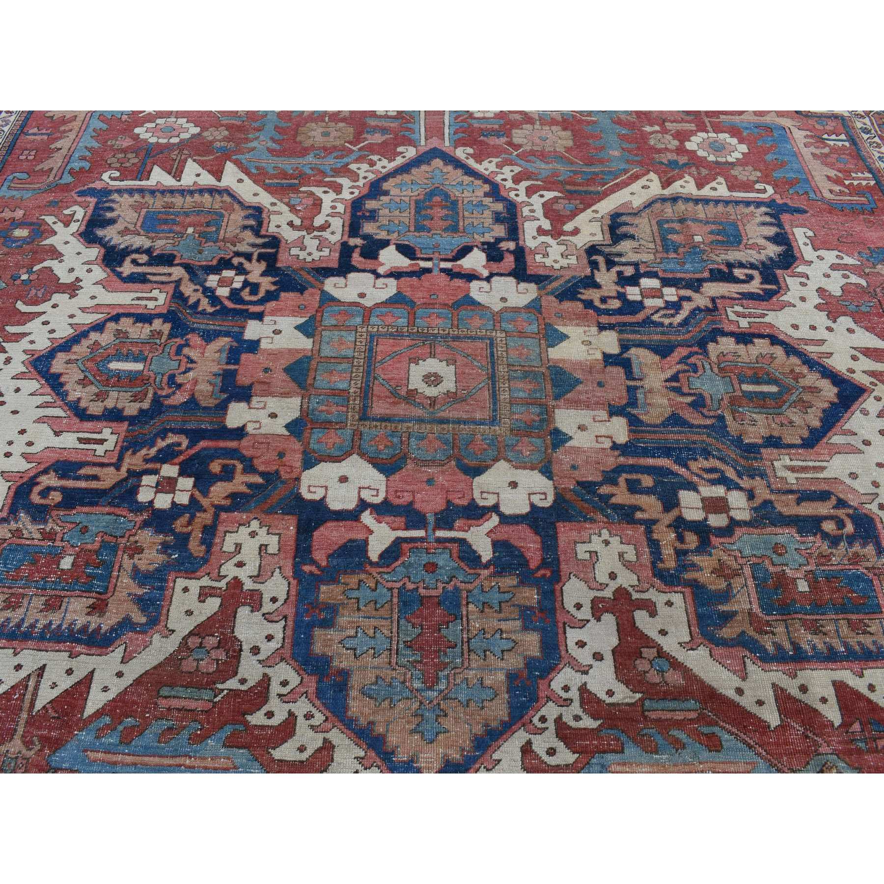 12'3"x18'6" Blush Red, Antique Persian Serapi Heriz with Helicopter Design, Even Wear, Clean, Sides and Ends Professionally Secured, Hand Knotted, Pure Wool, Oversized Oriental Rug Sh80698