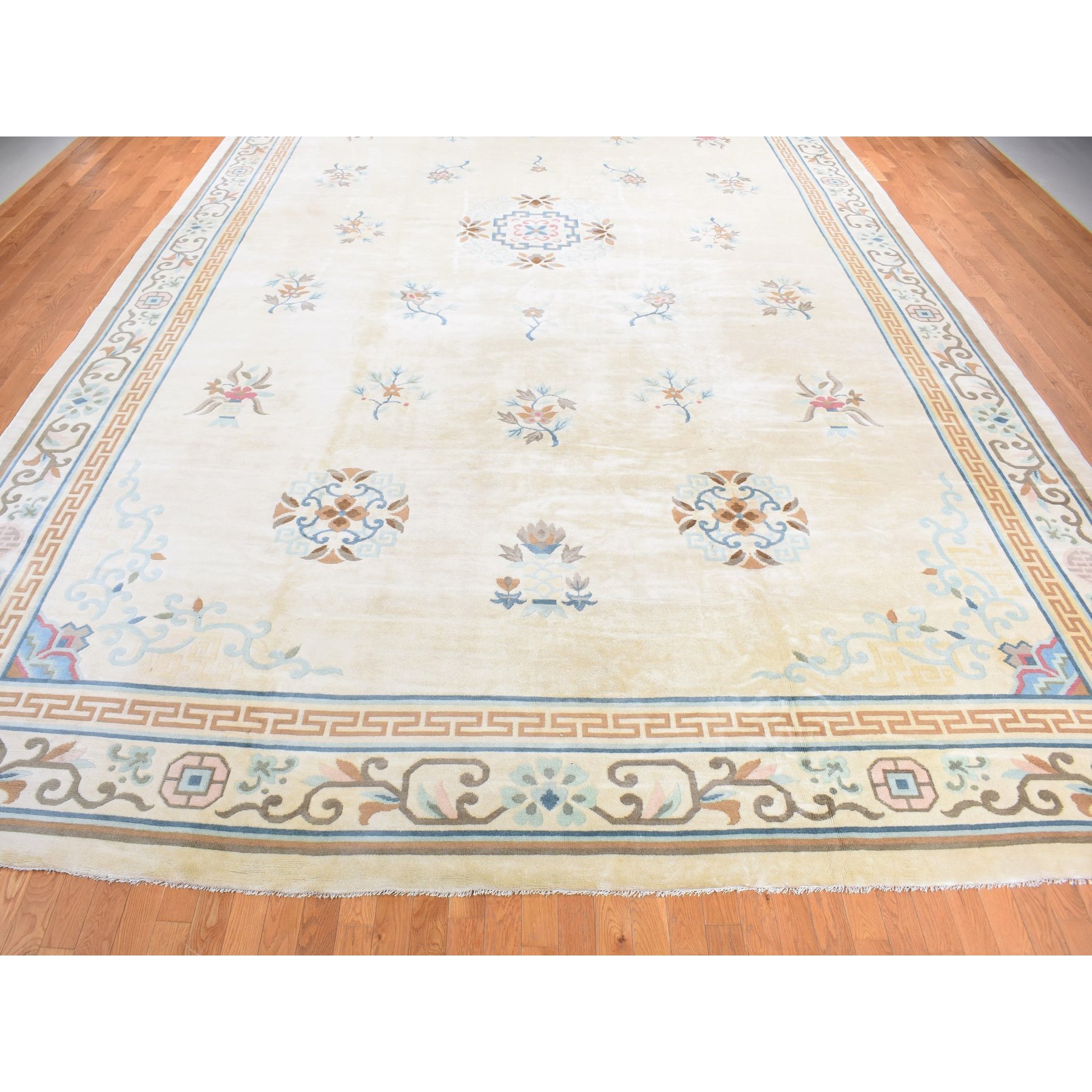 13'9"x23'5" Ivory, Vintage Chinese, Ming Dynasty Design, Hand Knotted, Full Pile, XL, Sides and Edges Professionally Secured, Pure Wool Oriental Rug Sh80701