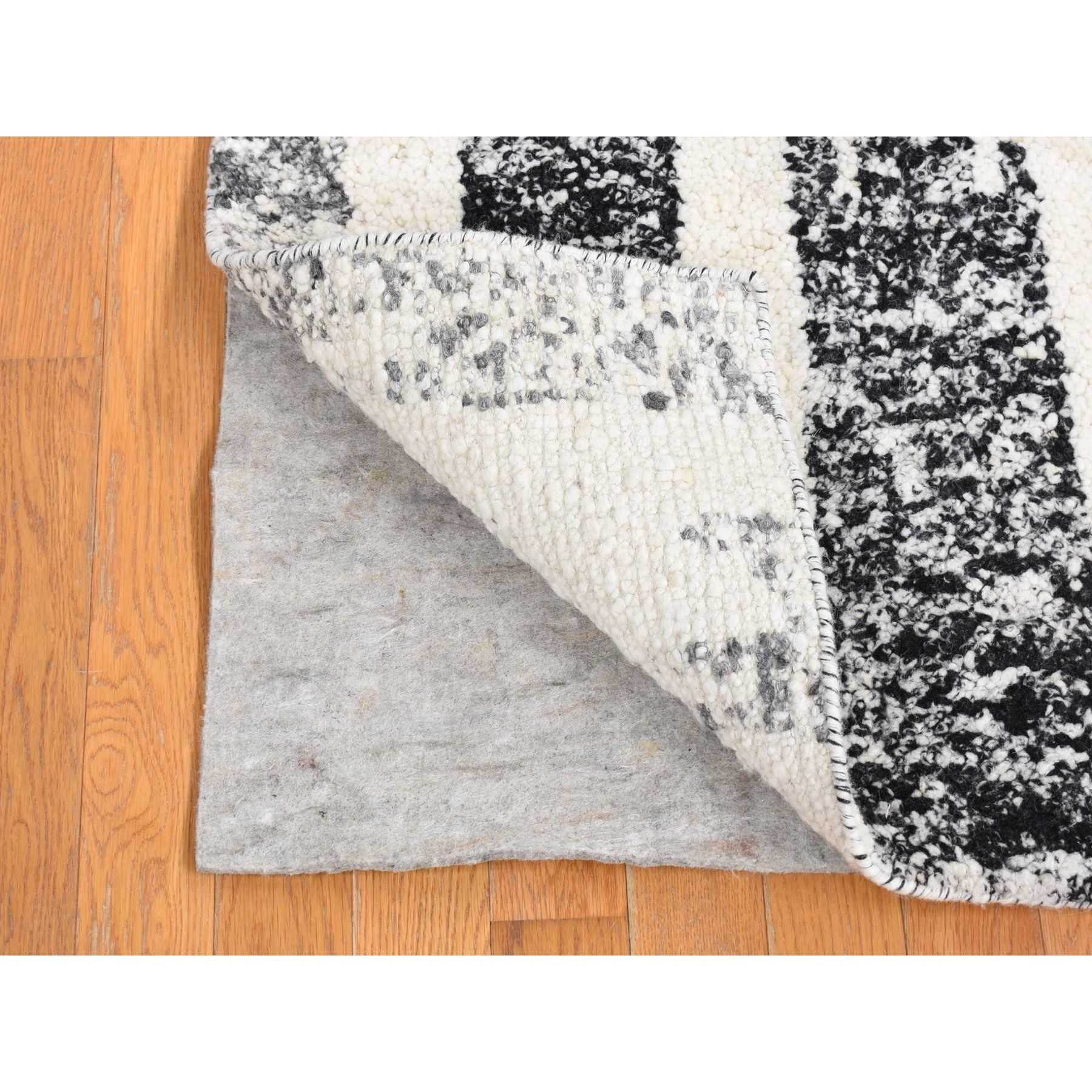 3'x3' Black, Modern Erased Column Design Thick and Plush, Organic Undyed Wool Hand Knotted, Square Oriental Rug Sh80756