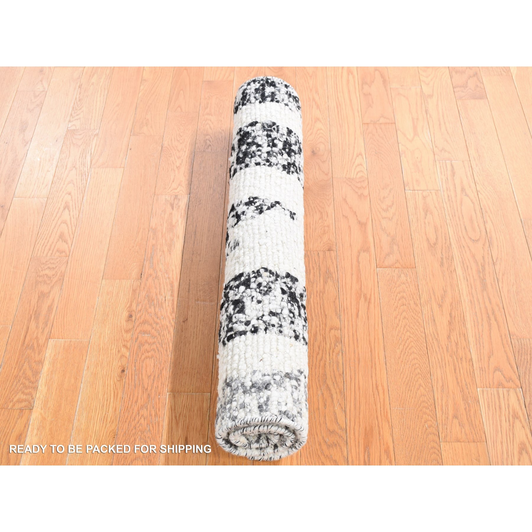 3'x3' Black, Modern Erased Column Design Thick and Plush, Organic Undyed Wool Hand Knotted, Square Oriental Rug Sh80756