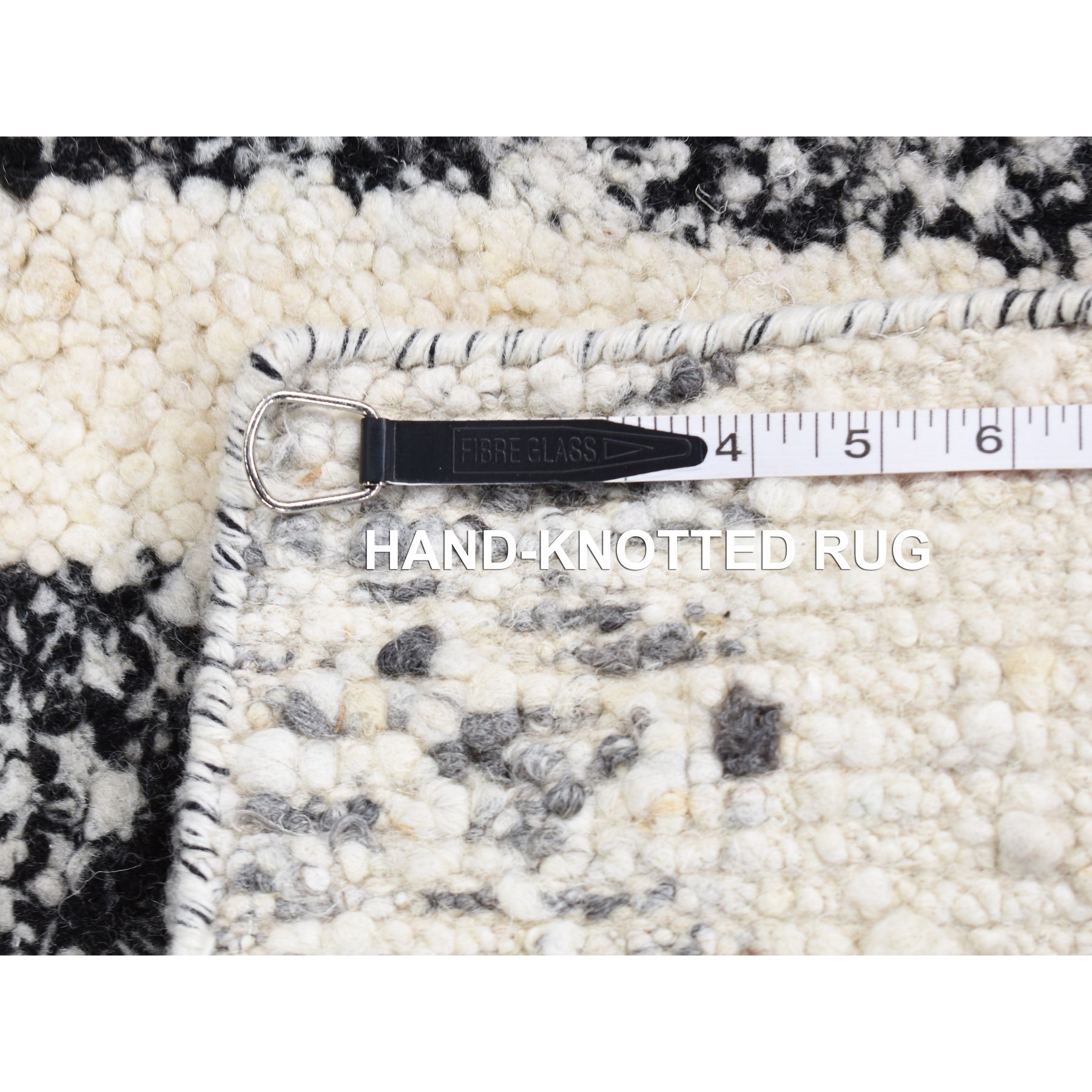 3'x3' Black, Modern Erased Column Design Thick and Plush, Organic Undyed Wool Hand Knotted, Square Oriental Rug Sh80756