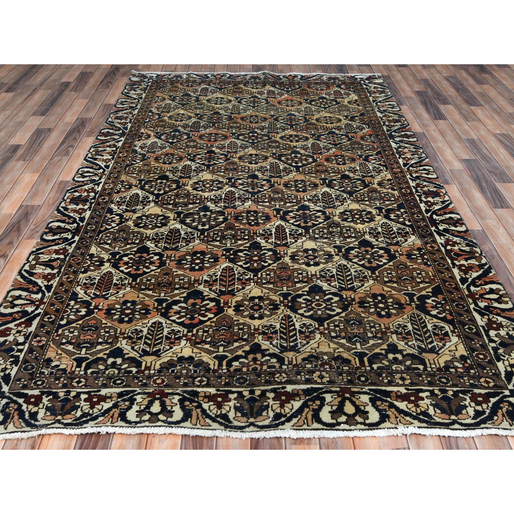 6'1"x9'8" Colorful, Hand Knotted Vintage Persian Bakhtiar with Repetitive Diamond Garden Design, Sheared Low Distressed Look Worn Wool, Oriental Rug Sh81019