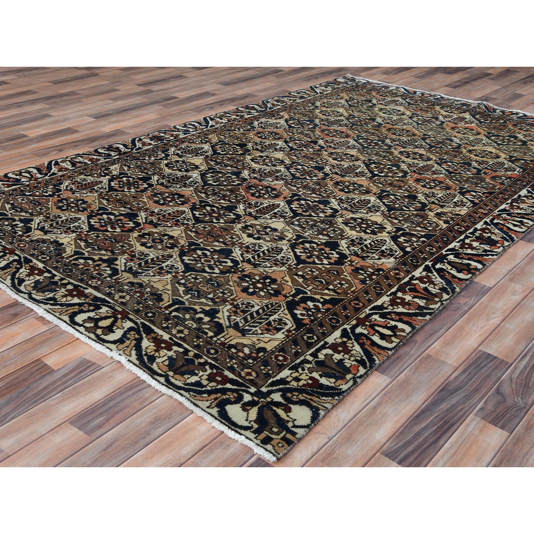 6'1"x9'8" Colorful, Hand Knotted Vintage Persian Bakhtiar with Repetitive Diamond Garden Design, Sheared Low Distressed Look Worn Wool, Oriental Rug Sh81019