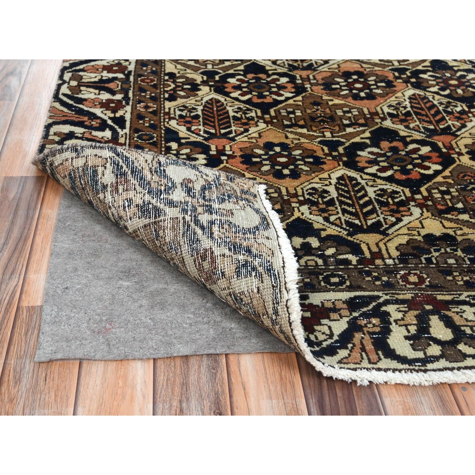 6'1"x9'8" Colorful, Hand Knotted Vintage Persian Bakhtiar with Repetitive Diamond Garden Design, Sheared Low Distressed Look Worn Wool, Oriental Rug Sh81019