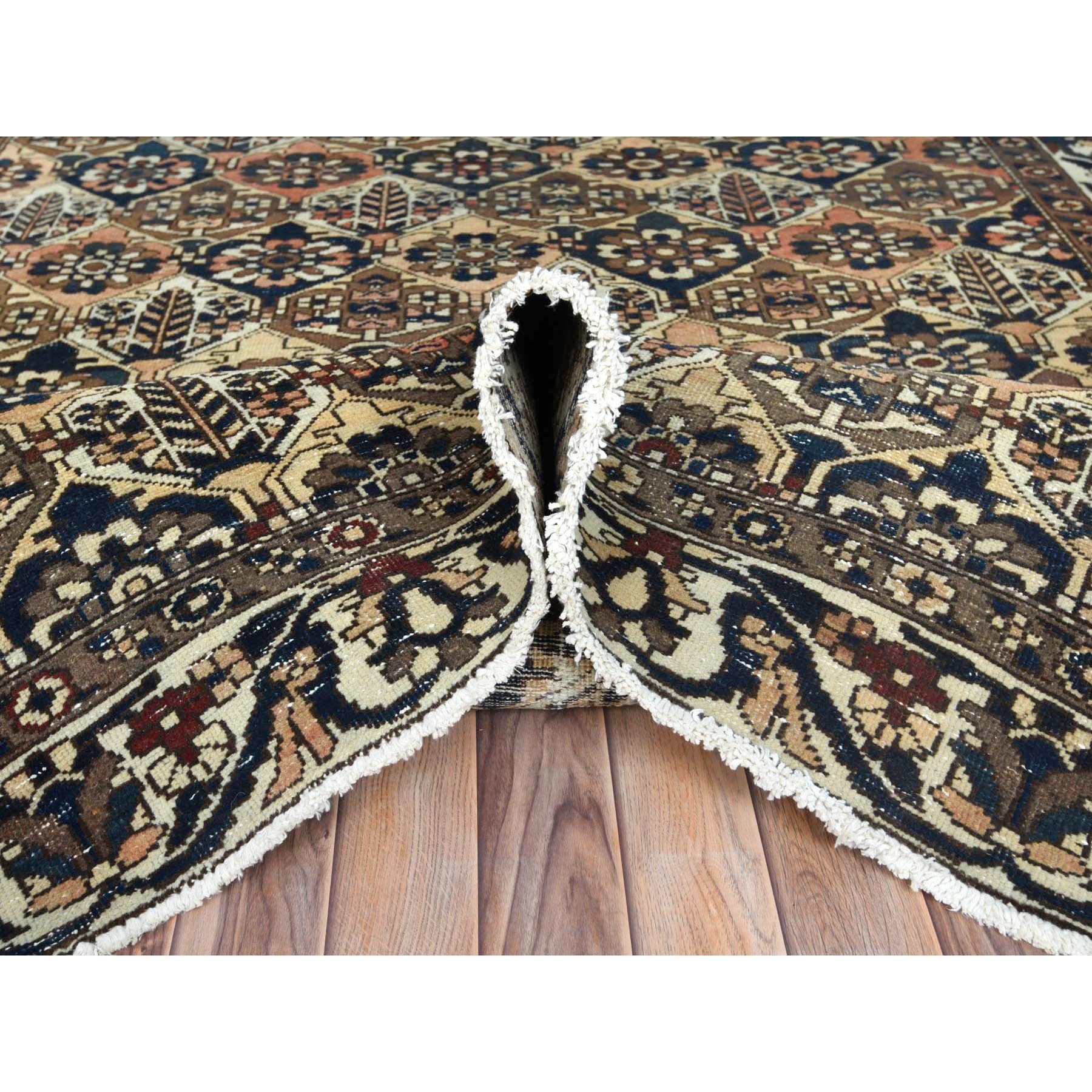 6'1"x9'8" Colorful, Hand Knotted Vintage Persian Bakhtiar with Repetitive Diamond Garden Design, Sheared Low Distressed Look Worn Wool, Oriental Rug Sh81019
