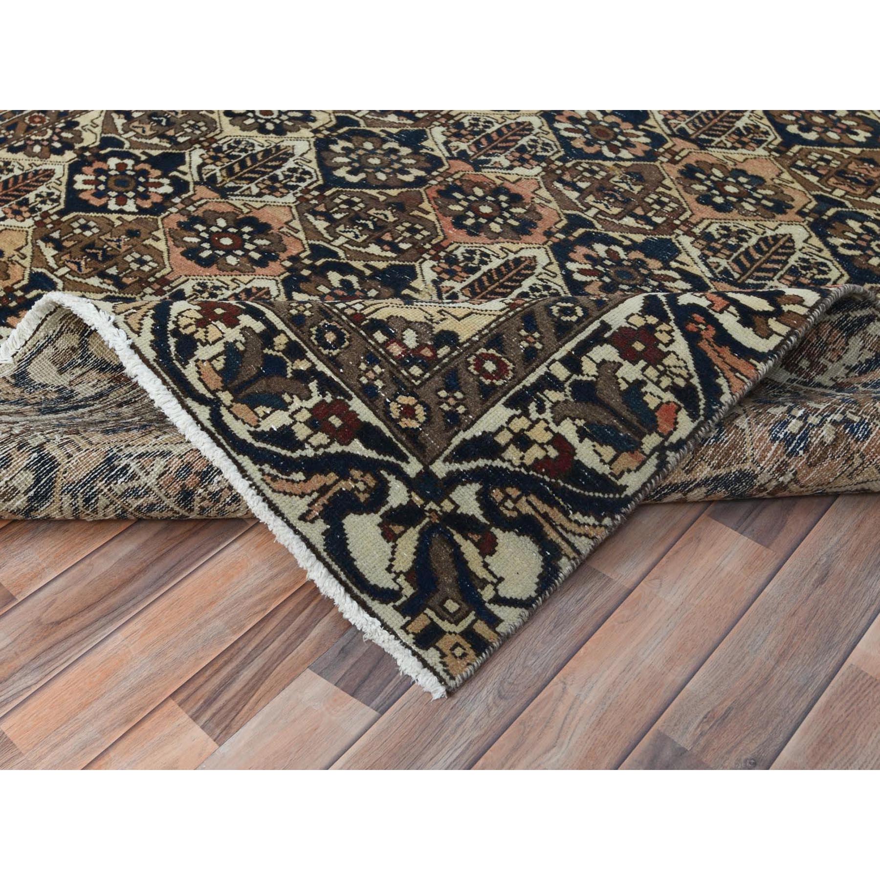 6'1"x9'8" Colorful, Hand Knotted Vintage Persian Bakhtiar with Repetitive Diamond Garden Design, Sheared Low Distressed Look Worn Wool, Oriental Rug Sh81019
