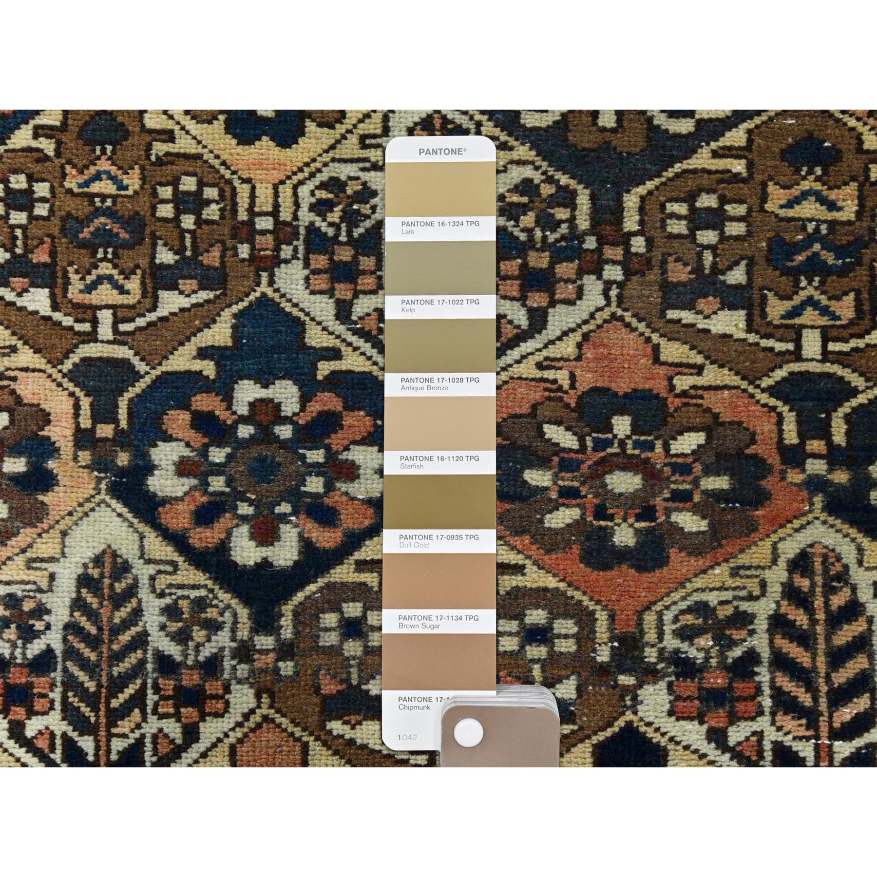 6'1"x9'8" Colorful, Hand Knotted Vintage Persian Bakhtiar with Repetitive Diamond Garden Design, Sheared Low Distressed Look Worn Wool, Oriental Rug Sh81019