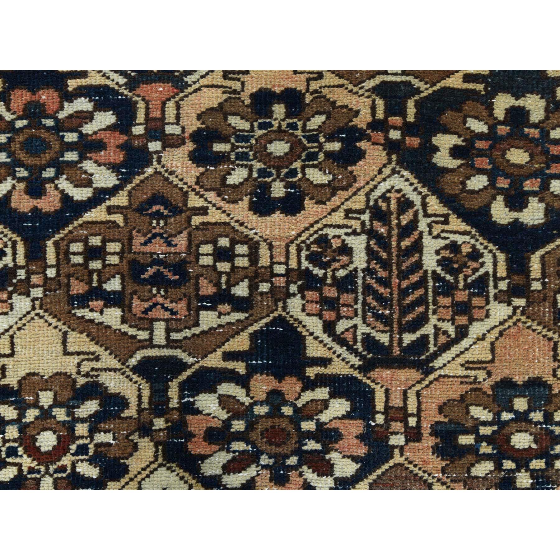 6'1"x9'8" Colorful, Hand Knotted Vintage Persian Bakhtiar with Repetitive Diamond Garden Design, Sheared Low Distressed Look Worn Wool, Oriental Rug Sh81019