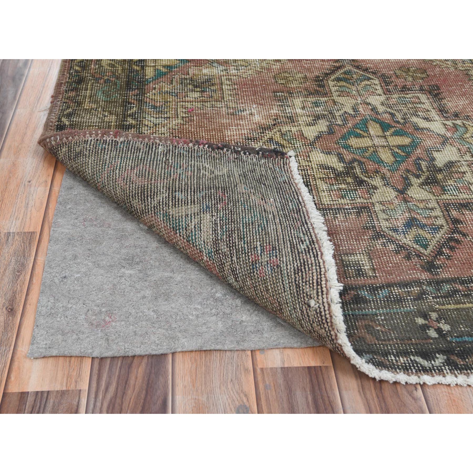 3'9"x12'8" Mocha Brown, Hand Knotted Vintage Persian Tabriz, Sheared Low Distressed Look Worn Wool, Wide Runner Oriental Rug Sh81047