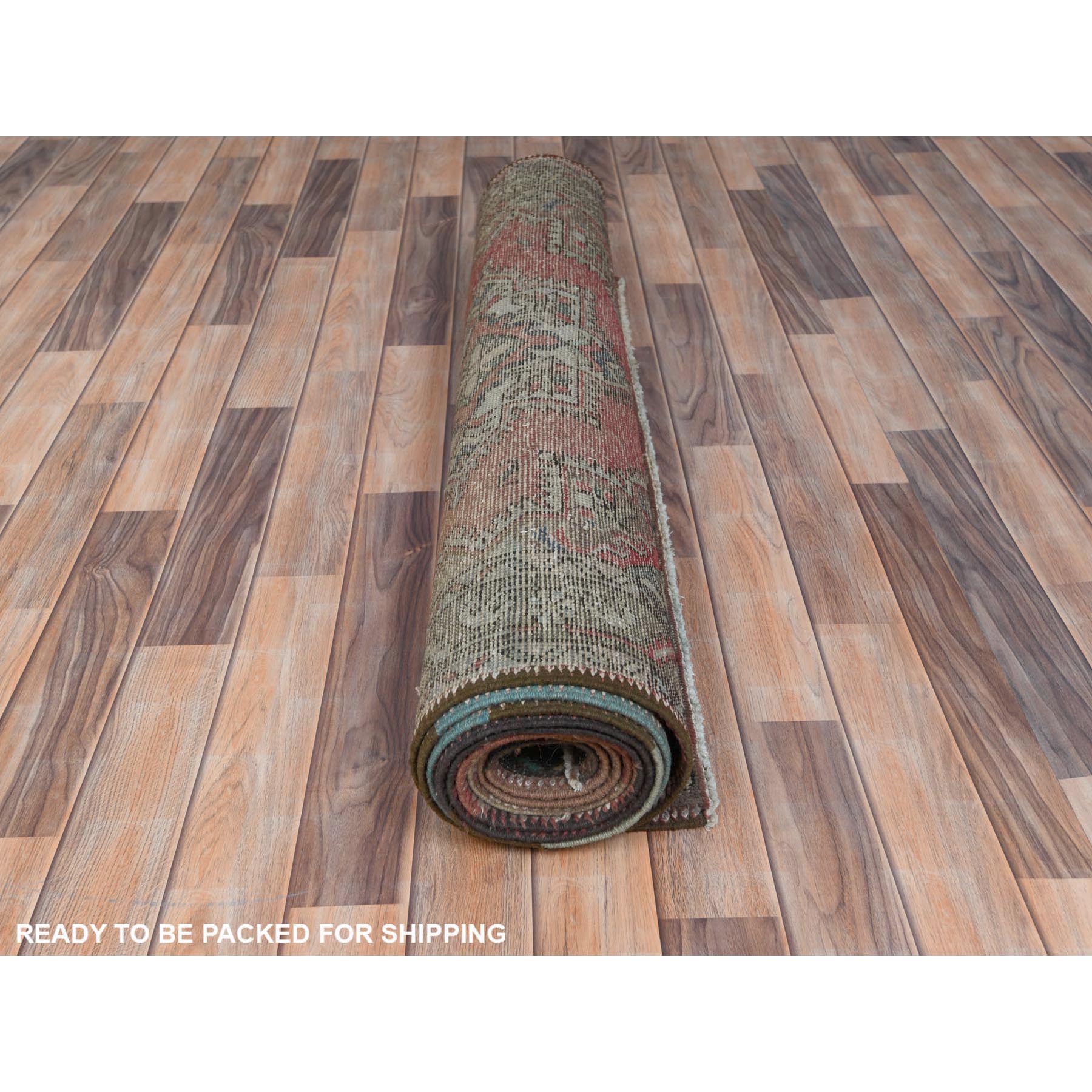 3'9"x12'8" Mocha Brown, Hand Knotted Vintage Persian Tabriz, Sheared Low Distressed Look Worn Wool, Wide Runner Oriental Rug Sh81047
