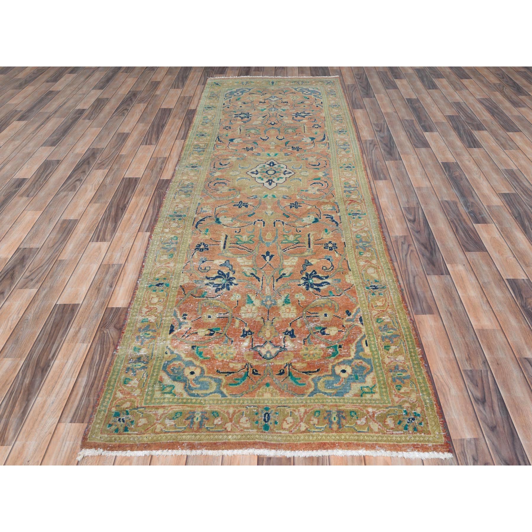 3'5"x10'5" Coral Red, Hand Knotted Vintage Persian Kashan, Sheared Low Distressed Look Worn Wool, Wide Runner Oriental Rug Sh81049