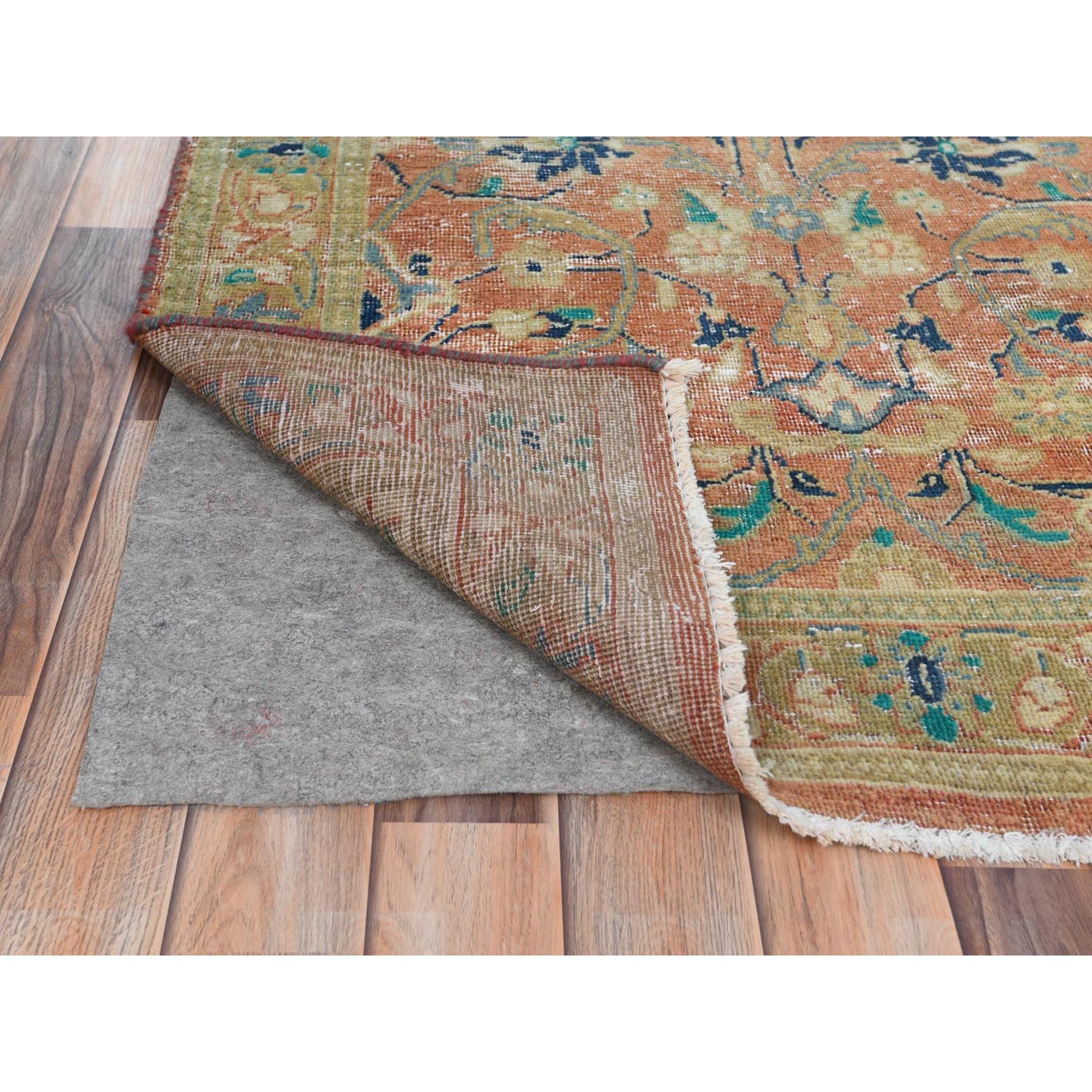 3'5"x10'5" Coral Red, Hand Knotted Vintage Persian Kashan, Sheared Low Distressed Look Worn Wool, Wide Runner Oriental Rug Sh81049