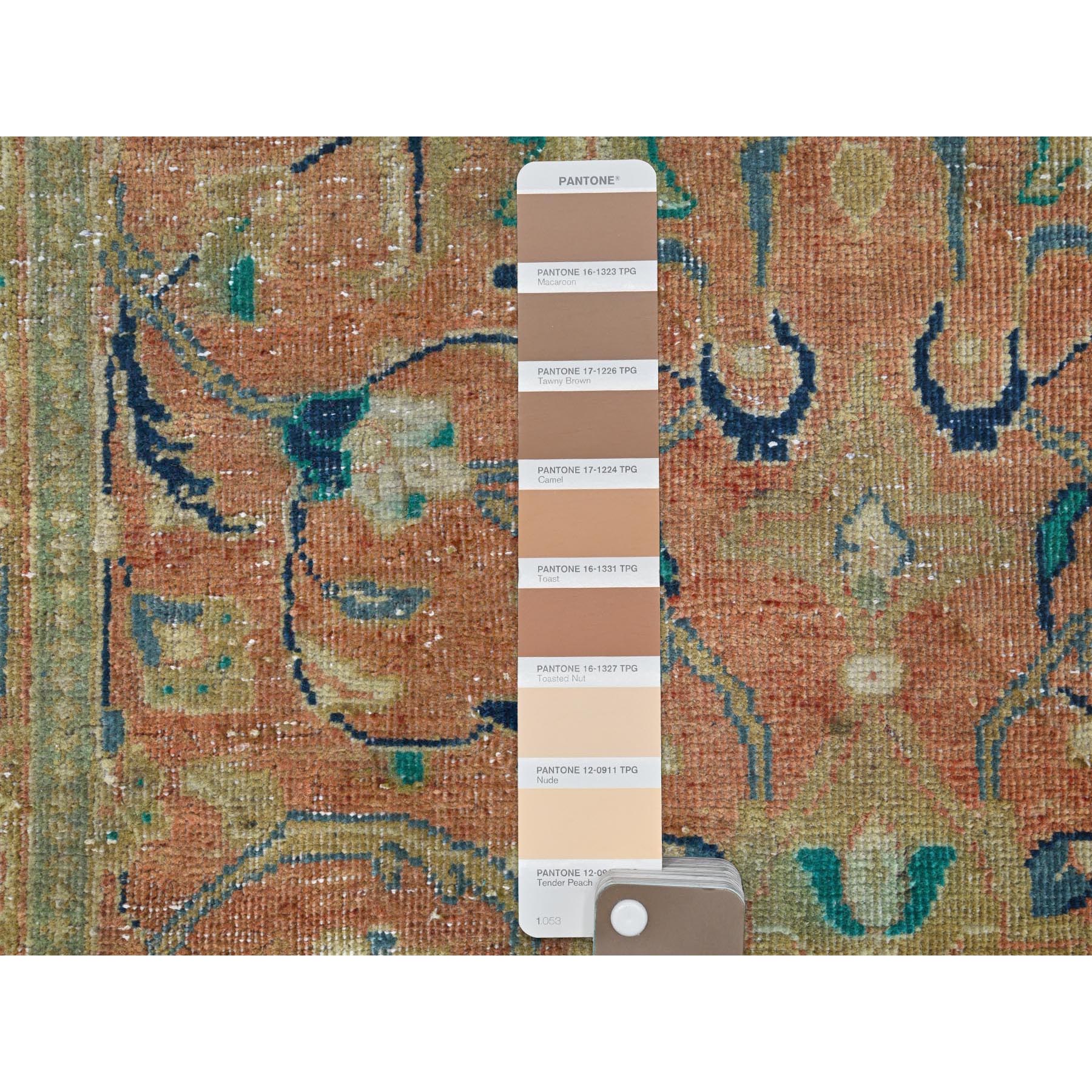 3'5"x10'5" Coral Red, Hand Knotted Vintage Persian Kashan, Sheared Low Distressed Look Worn Wool, Wide Runner Oriental Rug Sh81049