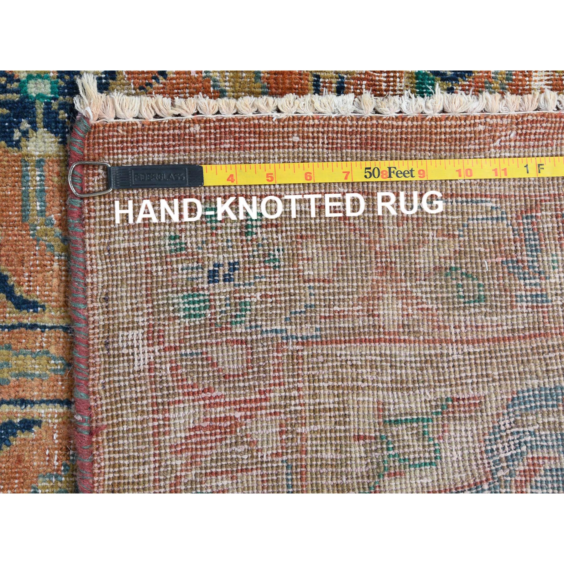 3'5"x10'5" Coral Red, Hand Knotted Vintage Persian Kashan, Sheared Low Distressed Look Worn Wool, Wide Runner Oriental Rug Sh81049