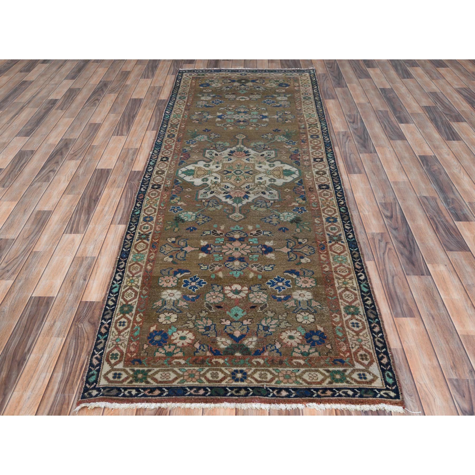 3'4"x9'9" Almond Brown, Vintage Persian Hamadan with Flower Design Sheared Low, Distressed Look Worn Wool Hand Knotted, Wide Runner Oriental Rug Sh81057