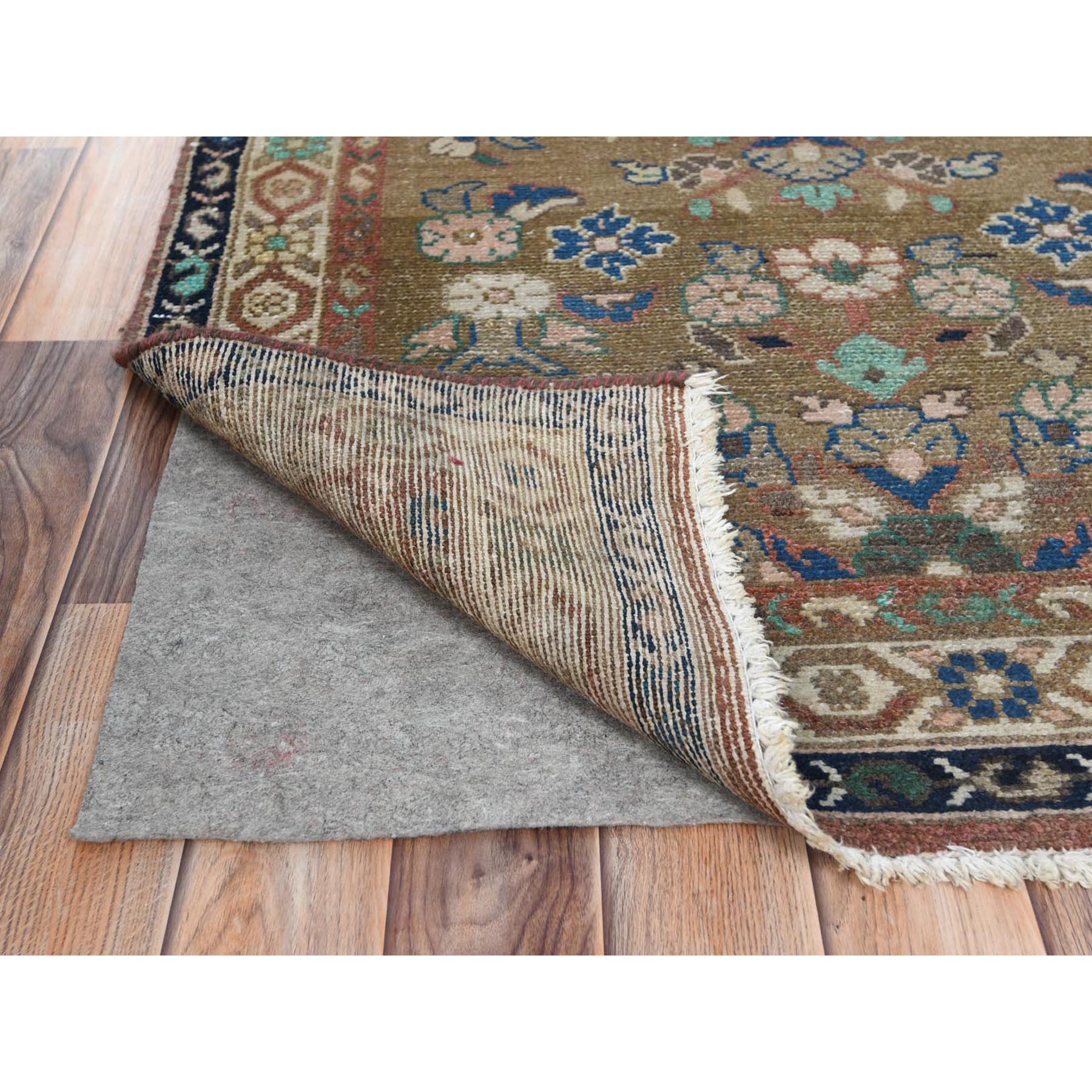 3'4"x9'9" Almond Brown, Vintage Persian Hamadan with Flower Design Sheared Low, Distressed Look Worn Wool Hand Knotted, Wide Runner Oriental Rug Sh81057