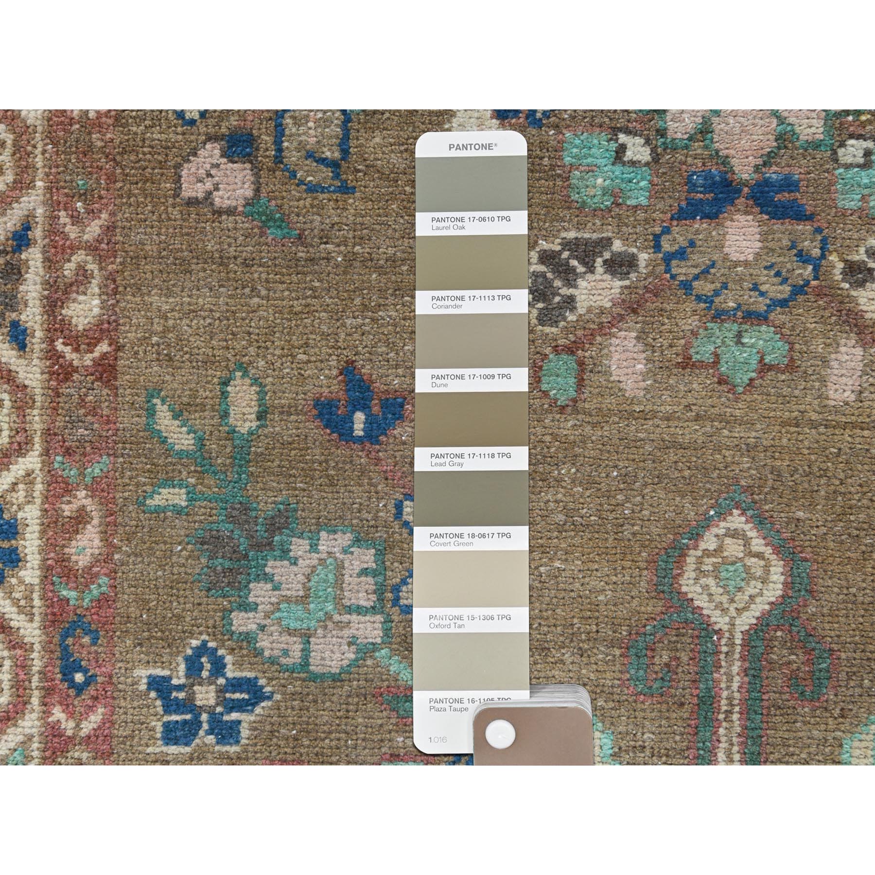 3'4"x9'9" Almond Brown, Vintage Persian Hamadan with Flower Design Sheared Low, Distressed Look Worn Wool Hand Knotted, Wide Runner Oriental Rug Sh81057