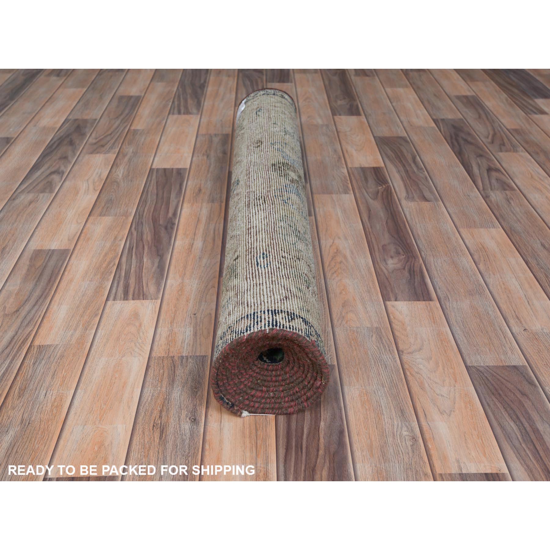 3'4"x9'9" Almond Brown, Vintage Persian Hamadan with Flower Design Sheared Low, Distressed Look Worn Wool Hand Knotted, Wide Runner Oriental Rug Sh81057