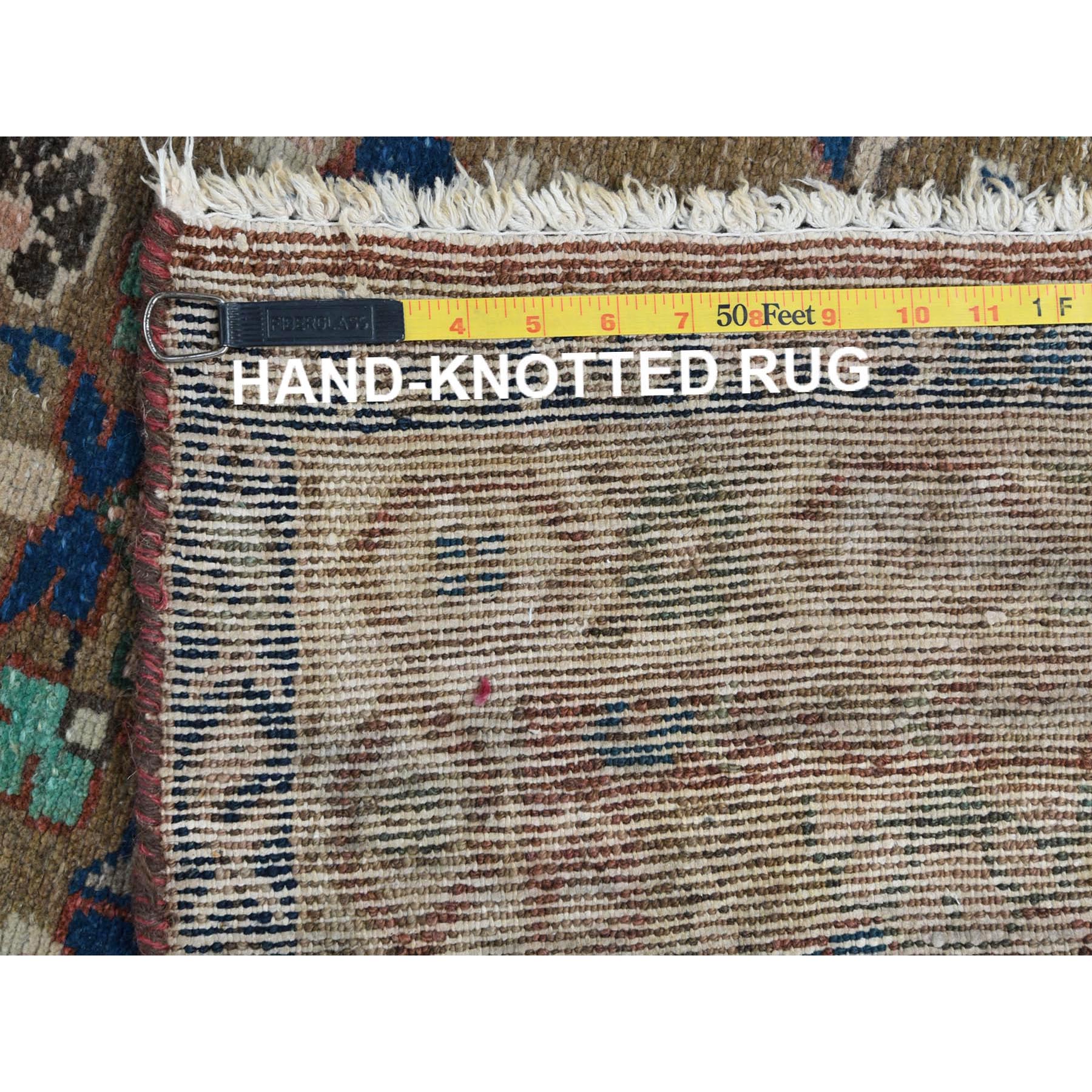 3'4"x9'9" Almond Brown, Vintage Persian Hamadan with Flower Design Sheared Low, Distressed Look Worn Wool Hand Knotted, Wide Runner Oriental Rug Sh81057