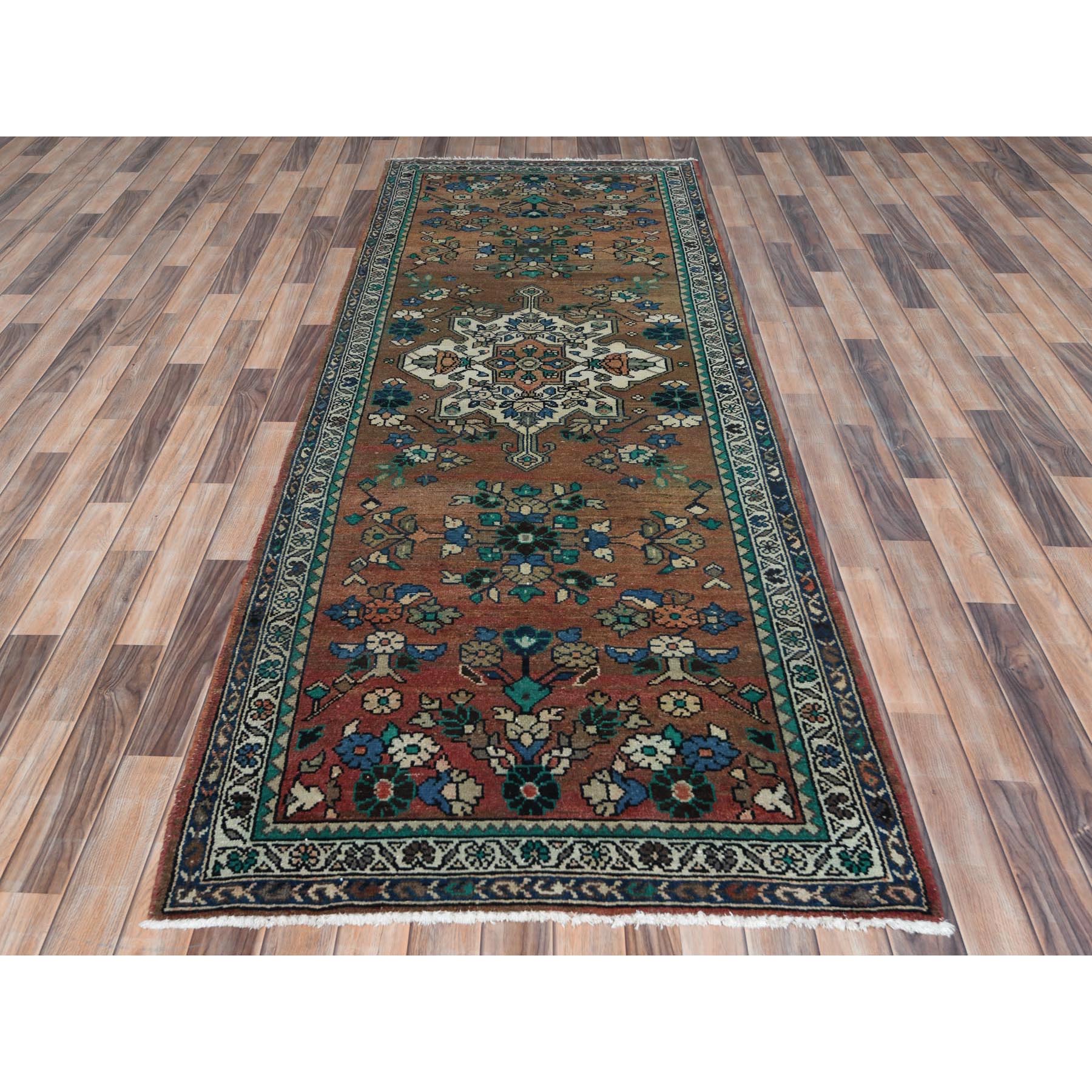 3'7"x9'9" Almond Brown, Distressed Look Worn Wool Hand Knotted, Vintage Persian Lilahan Sheared Low, Wide Runner Oriental Rug Sh81061